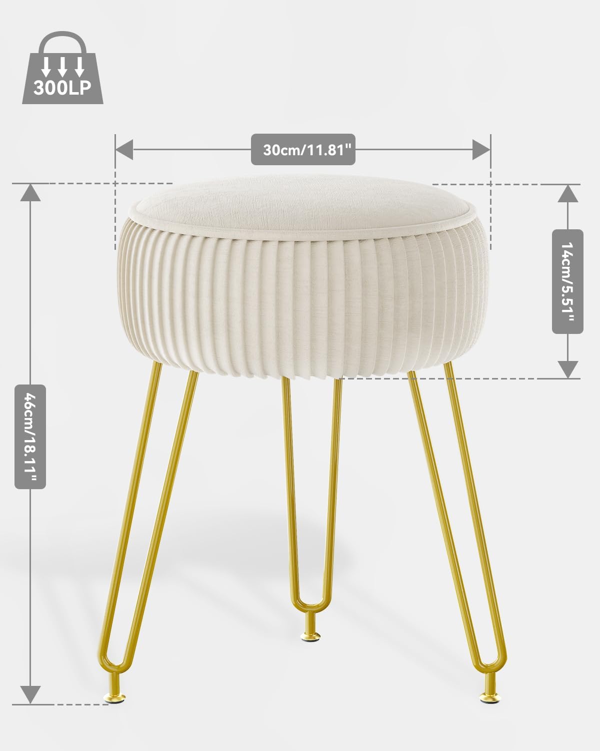 IBUYKE Makeup Vanity Stool, Velvet Round Footrest Ottoman, White LG-30M | Dressing Table Seat Pouf Couch chair Golden Steel Legs