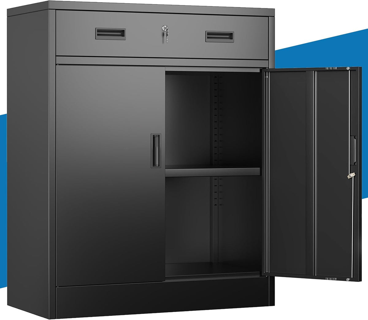 Metal Storage Cabinet, 36" Locking Steel Cabinet with 1 Drawers and 1 Adjustable Shelves for Garage, Home, Office, Kitchen (Black, 36" H x 28" W x 16" D)