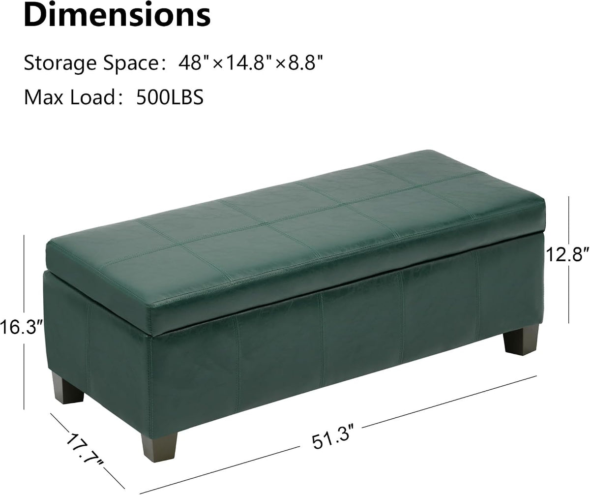 51 Inch Storage Ottoman, Storage Bench with Safety Hinge, Upholstered Synthetic Leather Ottoman Bench for Bedroom, Living Room, Entryway, Hallway, Foot Rest, Support 500lbs