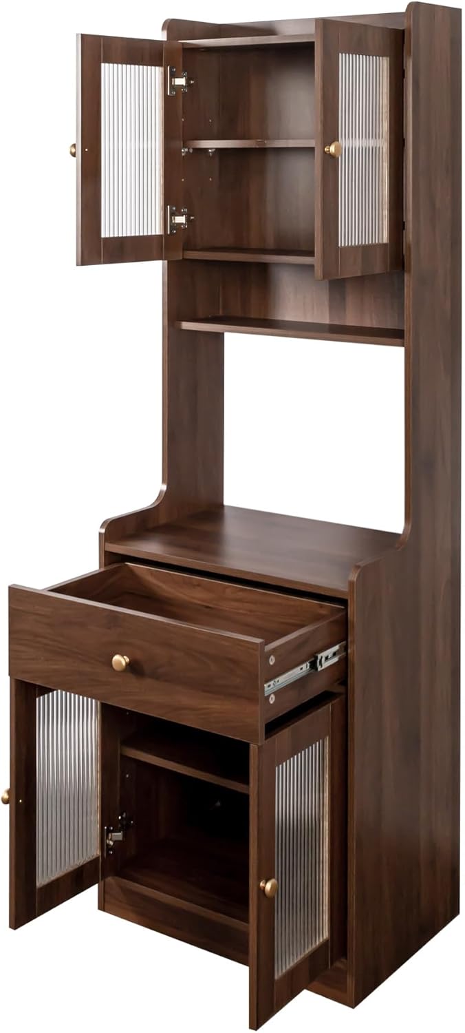 71“ Tall Kitchen Pantry Storage Cabinet, Modern Kitchen Hutch Bar Cabinet with Microwave Stand Buffet Sideboard with Hutch, Cupboard with Doors & Drawer, Coffee Bar Organizer for Dining Room (Walnut)