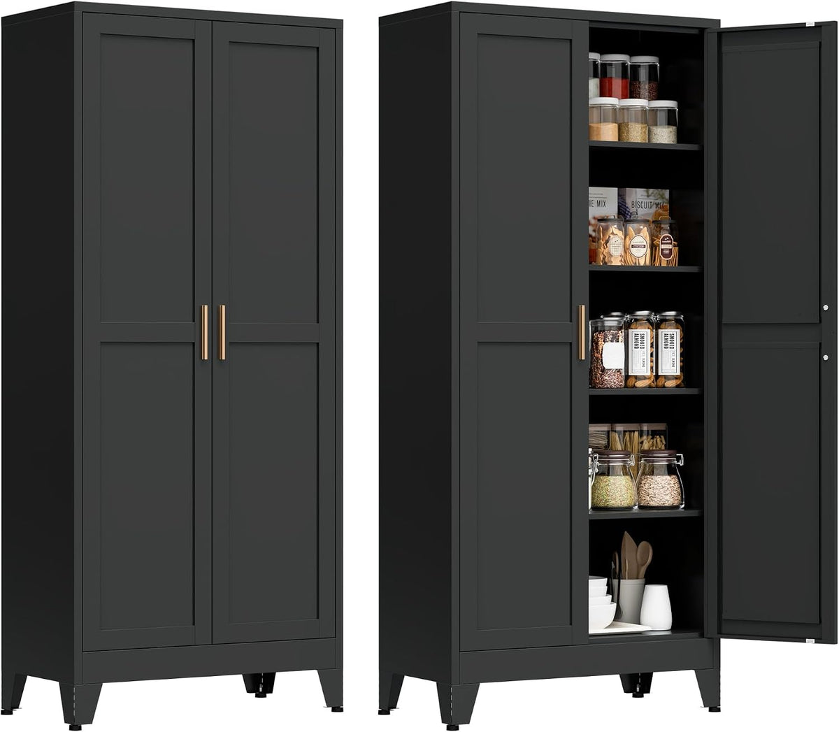 71” Tall Metal Kitchen Pantry Cabinet, Kitchen Storage Cabinets, Steel Cupboard with 2Doors and 4 Adjustable Shelves for Dining Room, Bathroom, Living Room