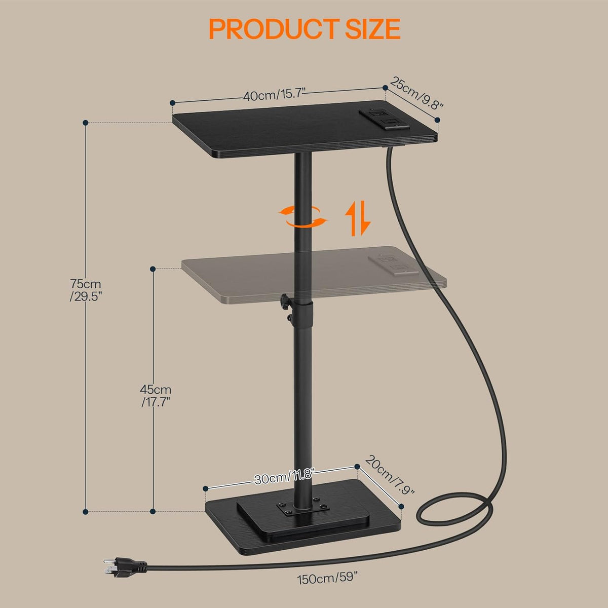 HOOBRO Adjustable Height End Table, 360° Swivel Narrow Side Table with Charging Station, Narrow Sofa Bedside Table for Small Space, Living Room, Bedroom, Black BB425UBZ01