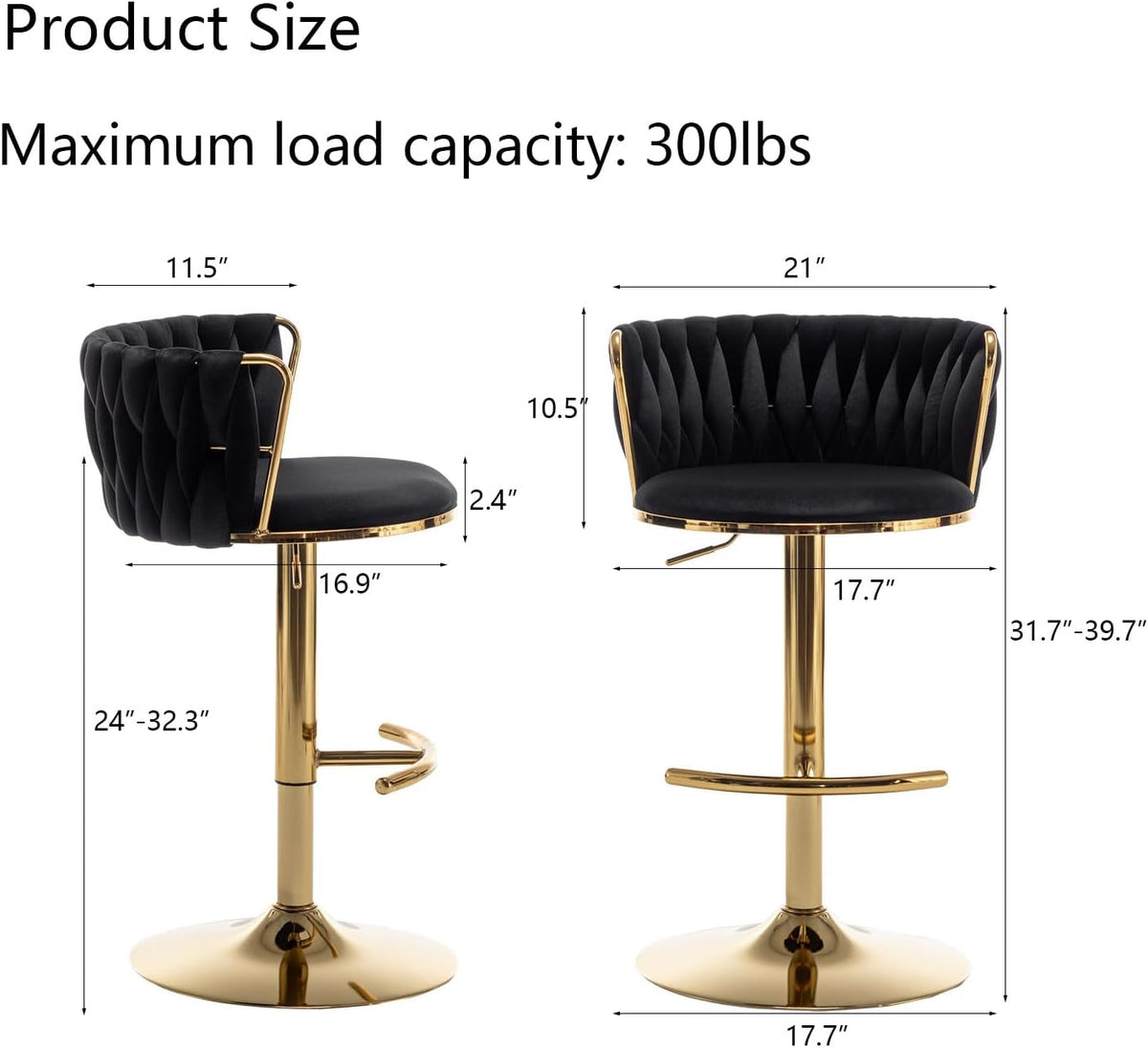 Riknuxi Velvet Bar Stools Set of 3, Counter Height Bar Chairs with Low Back, Gold Swivel Bar Stools for Kitchen Island, Pub (Black)