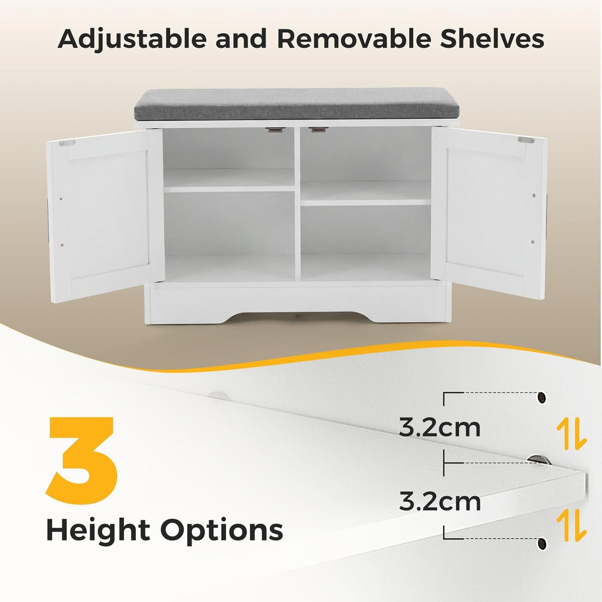 Shoe Bench 28" Wide, Entryway Bench with Padded Seat Cushion, Spacious Shoe Storage Benches with 2 Doors & Adjustable Shelf for Entryway, Bedroom, Living Room, White