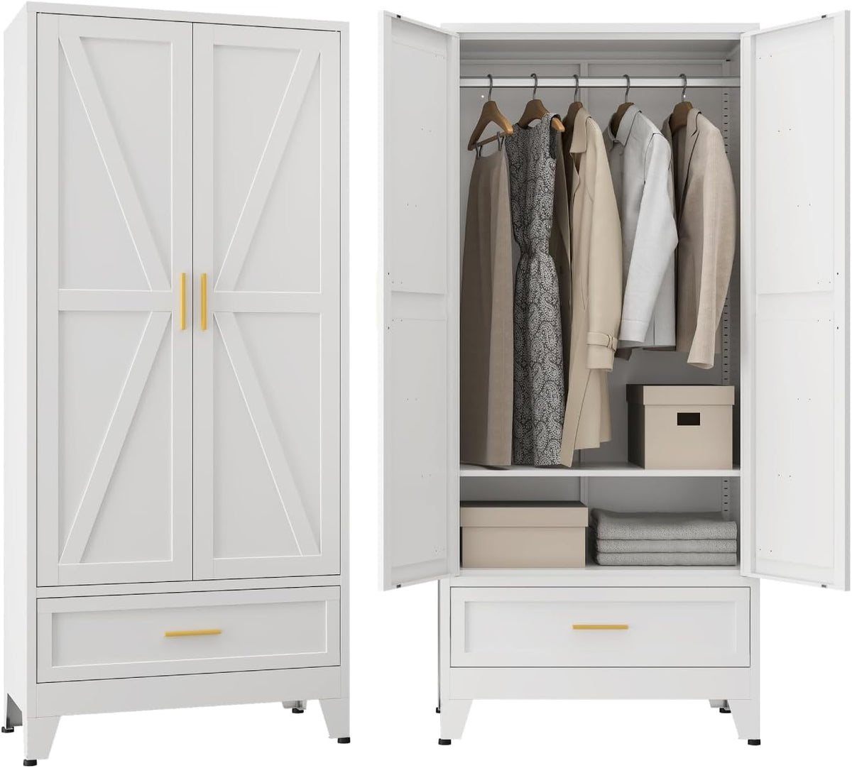 Metal Wardrobe Closet Hanging Rod 71" Tall, Heavy Duty Steel Armoire Wardrobe Cabinet, Clothing Storage Cabinet for Bedroom, Office, Laundry Room, 1 Drawer, White