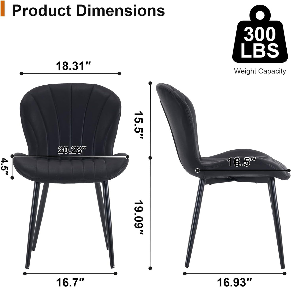 Fabric Dining Chairs Set of 4, Mid Century Modern Kitchen Chairs with Padded Cushion Seat and Metal Legs for Dining Room, Comfy Breathable Upholstered Side Accent Chairs, Black