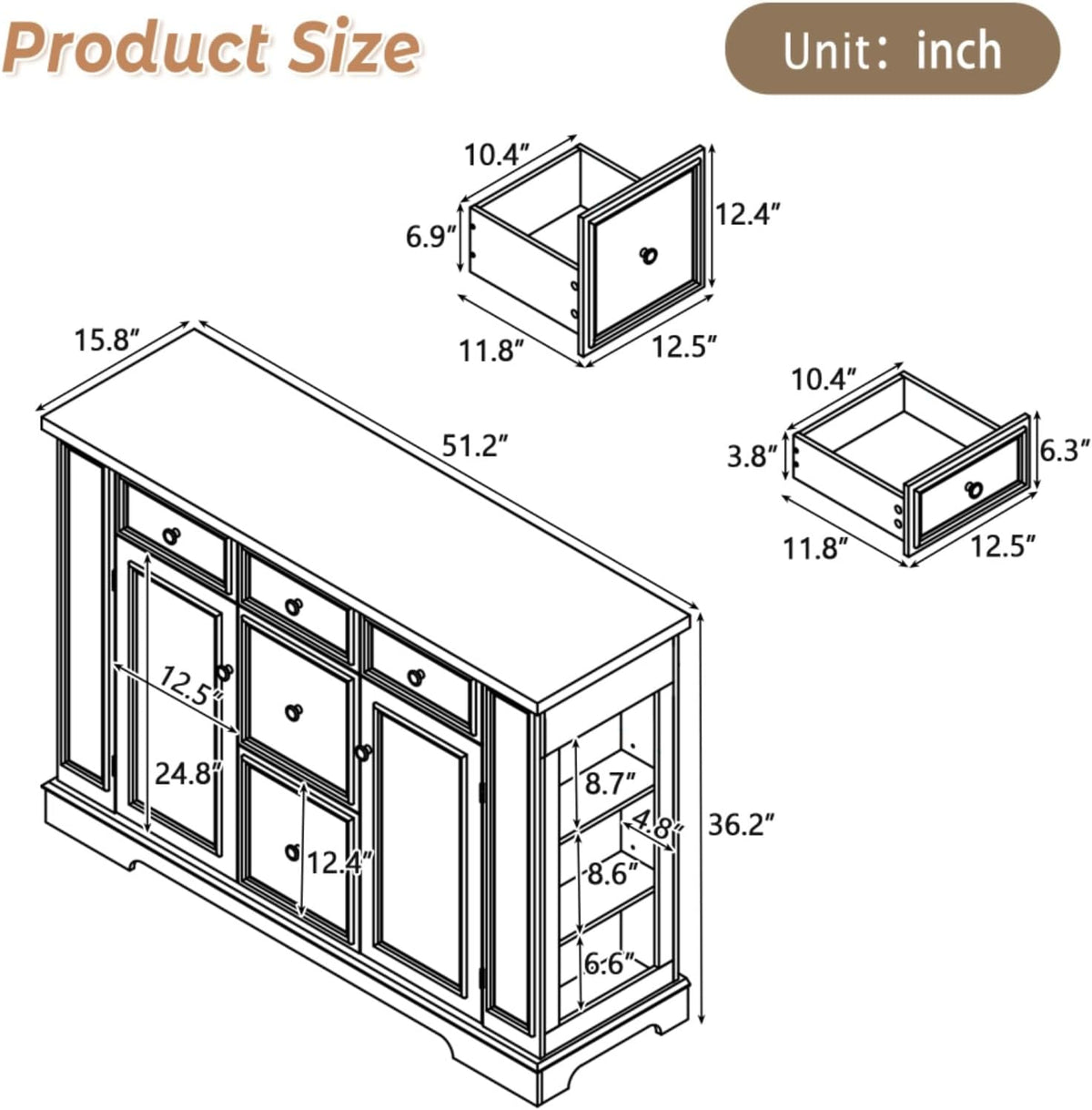 Hassyee Fixed Kitchen Island with Storage Space, Kitchen Console Table with 5 Drawers, 2 Cabinets, Adjustable Shelves, Buffet Server for Dining Room, Living Room, Entryway (White)