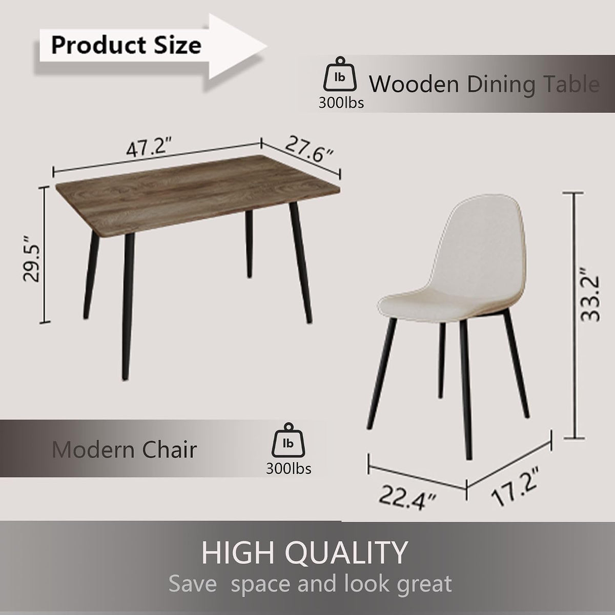 Small Dining Table Set for 4, Modern Kitchen Table Set for 4, 5 Piece Wooden Dining Table Set, 47'' Kitchen Table Set with 4 Fabric Dining Chairs Ideal for Small Spaces