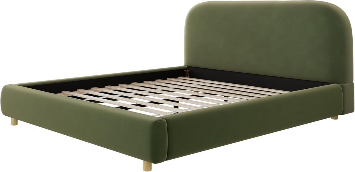 Merax Queen Velvet Fabric Platform Bed with Curved Headboard, Olive Green