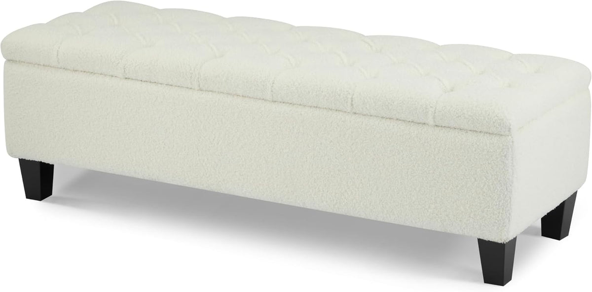 Ottoman Bench with Storage - Beige Storage Bench End of Bed with Safety Hinges, Tufted Ottoman for Living, Dining Room, Entryway and Hallway