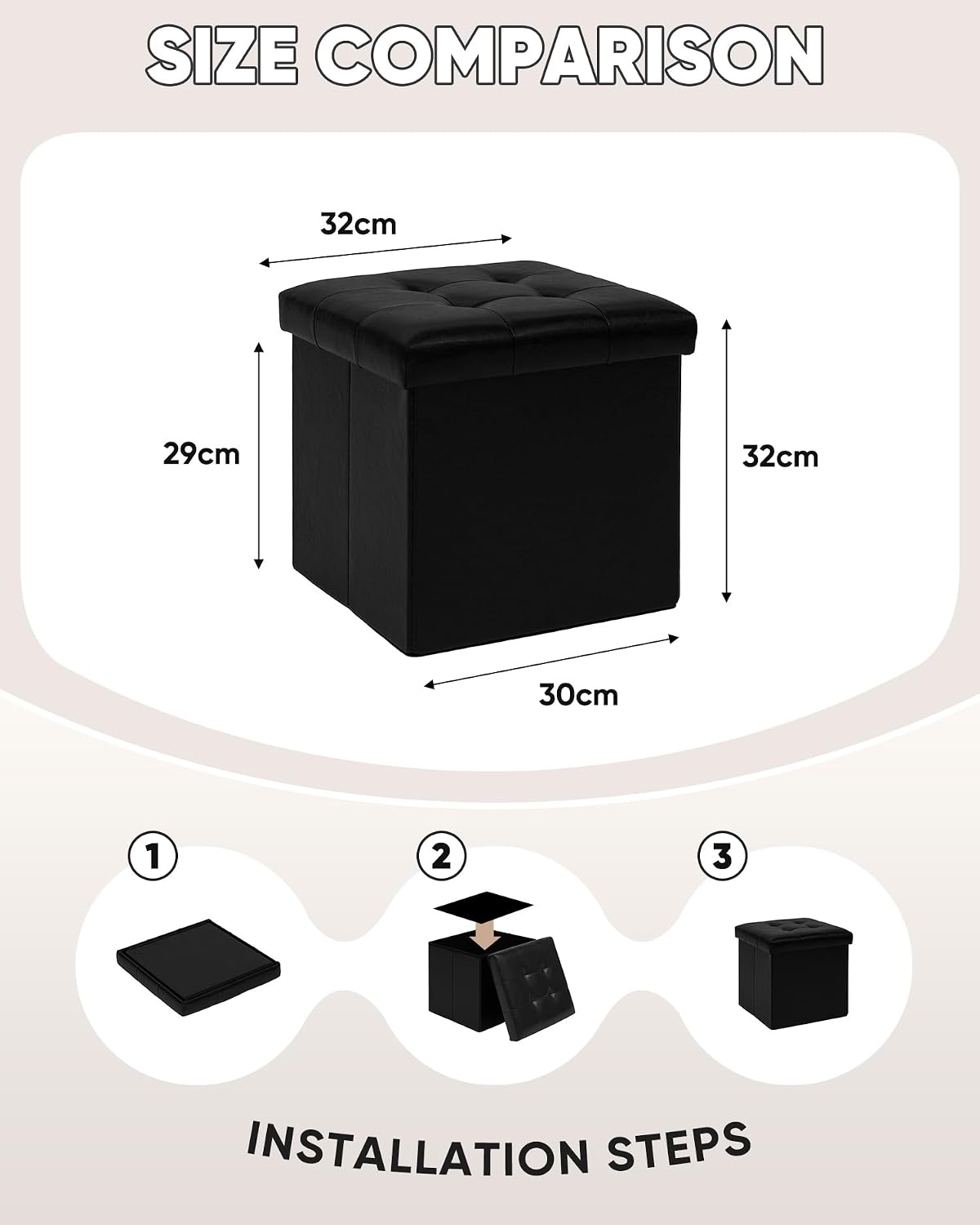B FSOBEIIALEO Storage Ottoman Small Cube, Foot Rest Seat Faux Leather Dorm Room Ottoman Black 12.6"X12.6"X12.6" (2 Pack)