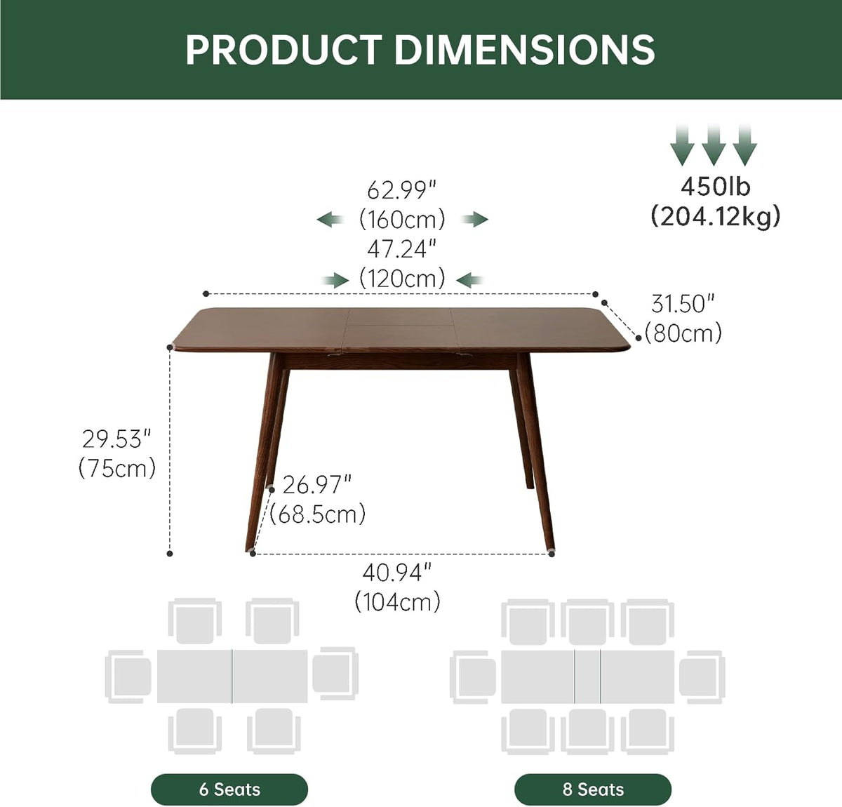 47’’-63’’ 100% Oak Extendable Dining Table, Solid Wood Folding Kitchen Table, Mid Century Modern Dinner Table for Kitchen, Apartment, Living Room (47''-63'' Walnut)