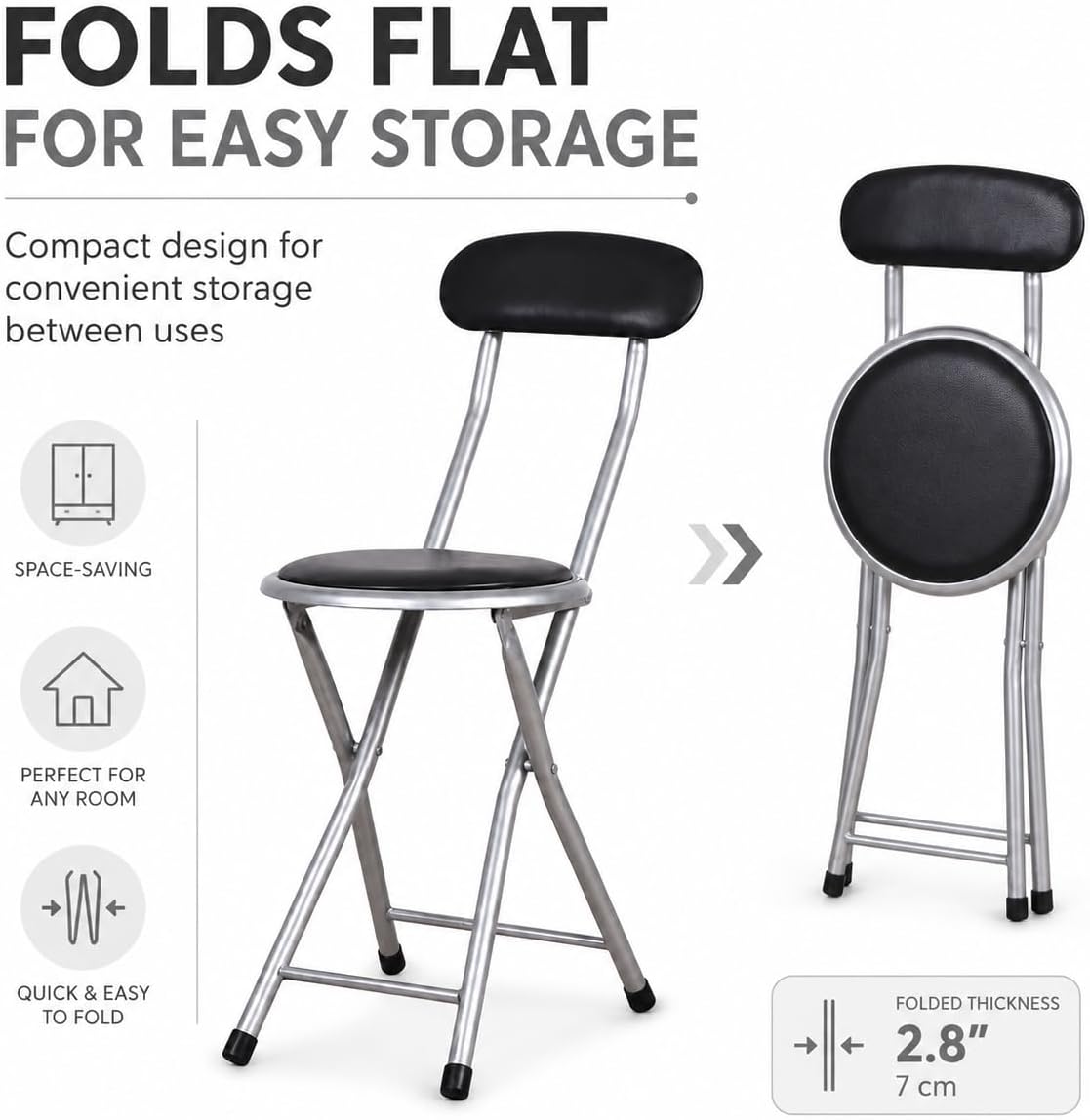 J&V TEXTILES Cushioned Padded Folding Stool with Back | Space-Saving Design, Folds Flat, Padded Backrest, Round Padded Seat, 2.8" Folded Thickness