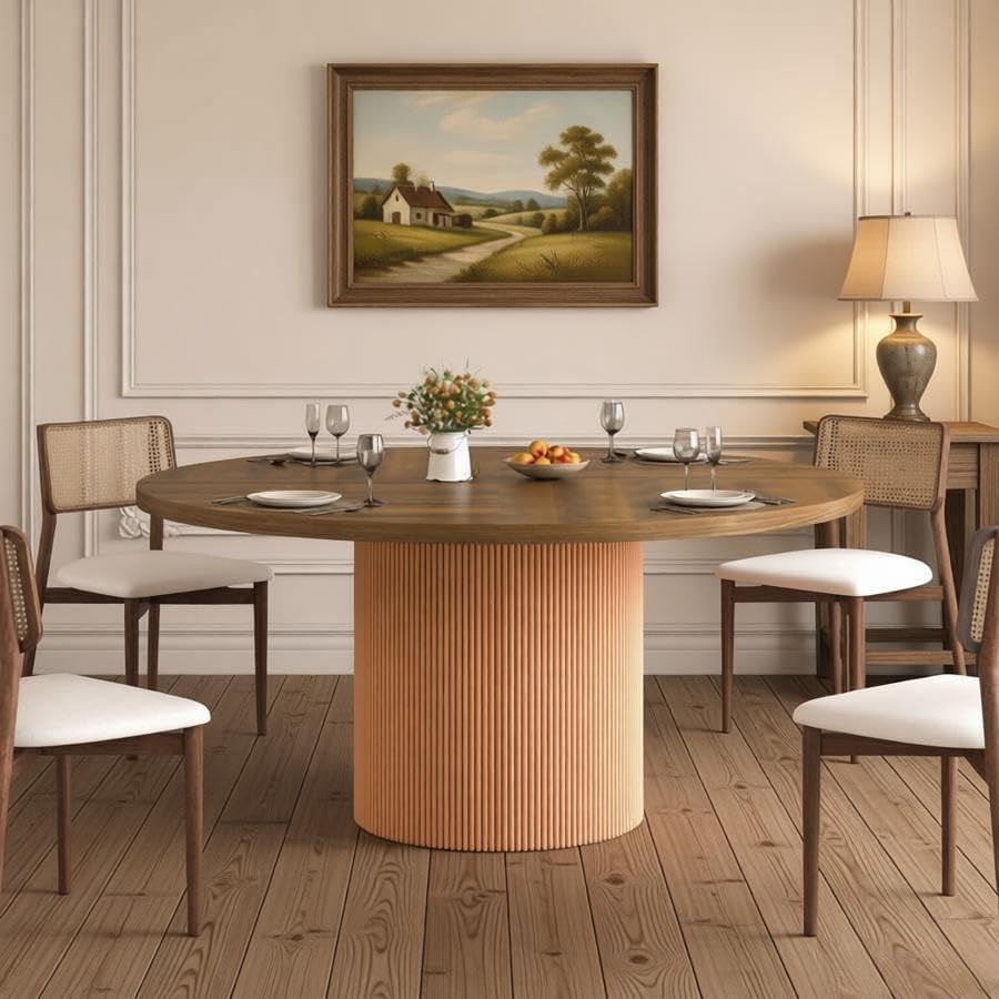 55 inch Round Dining Table for 4-6 People, Modern Farmhouse Dining Kitchen Table with Fluted Cylindrical Pedestal Base for Dining Room, Living Room, Kitchen, (Chairs Not Included)