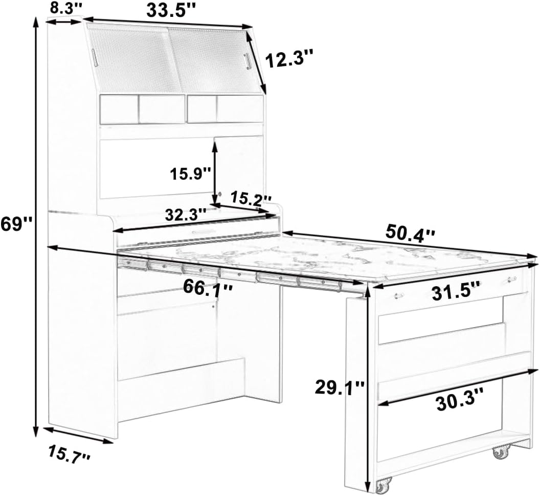 JIJIWANG Compact 33.5x15.7x69inch Buffet with Hutch and Foldable Dining Table, Multifunctional Cupboard with Storage Shelf and Side Hooks for Small Places (Natural Oak, 66.1" L x 31.5" W x 69" H)