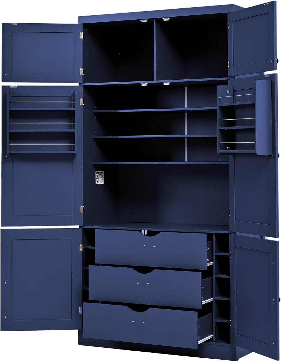JIJIWANG 70.9" H Farmhouse Freestanding Kitchen Pantry Storage Cabinet with Drawers and Shelves, Buffet with 8 Pull-Out Trays and 4 Doors Blue