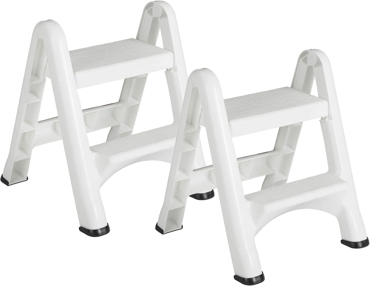 Rubbermaid FG420903WHT EZ Two Step Durable Folding Plastic Ladder Step Stool with Skid Resistant Foot Pads, White (2 Pack)