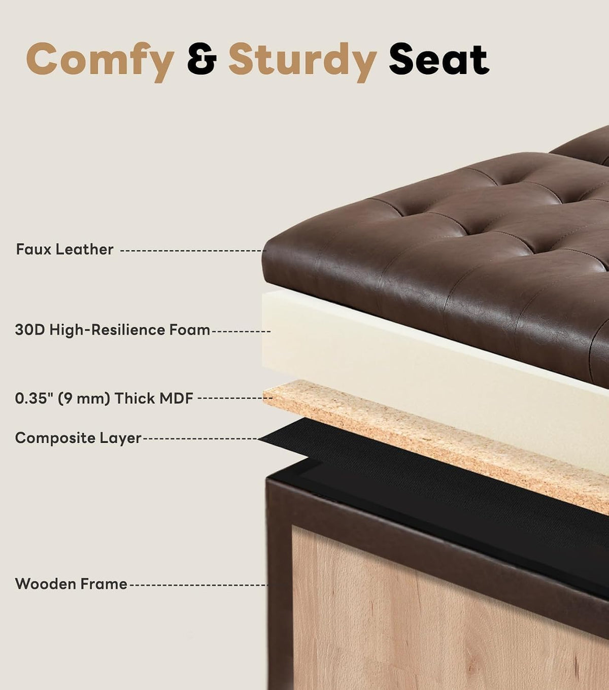 Tbfit 35.5" Large Square Storage Ottoman Bench, Tufted Upholstered Coffee Table Ottoman with Lift Top & Wooden Legs, Oversized Storage Ottomans Toy Box for Living Room (Dark Brown)