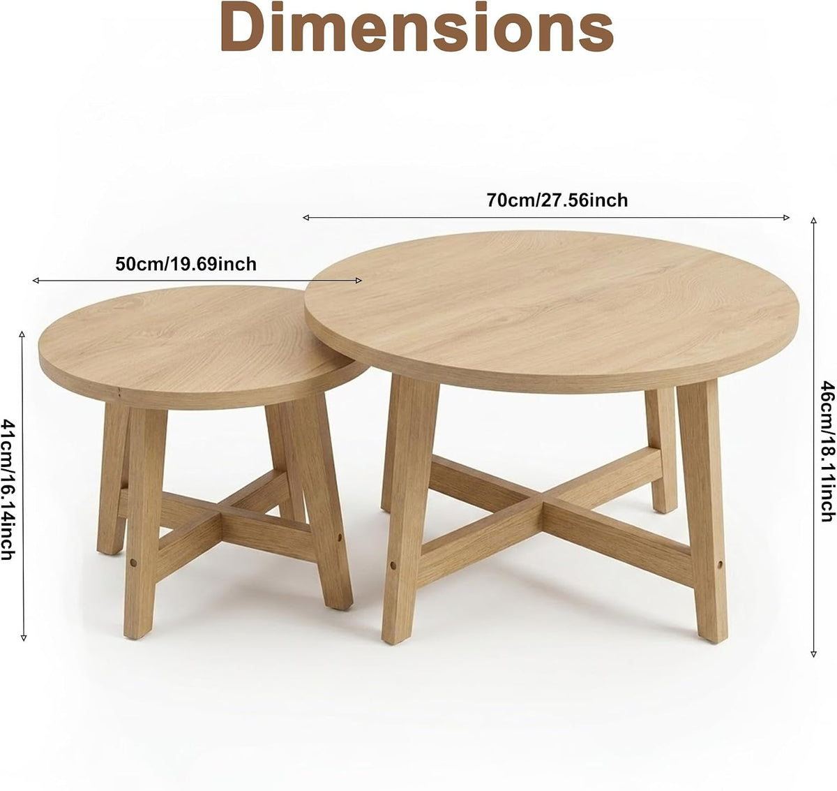 Set of 2 Round Nesting Coffee Tables, Natural Wood Finish Modern Side Tables, X-Shaped Frame Stackable End Tables for Living Room, Bedroom, Balcony 27.56&19.69