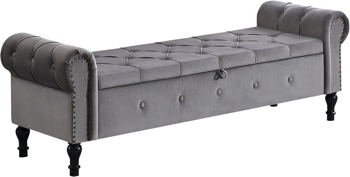 Storage Bench 67" Velvet End of Bed Benches Dark Grey | King Size Storage Bench for Bedroom with Rolled Arms Tufted Ottoman Benches Upholstered Bench for Living Room Entryway