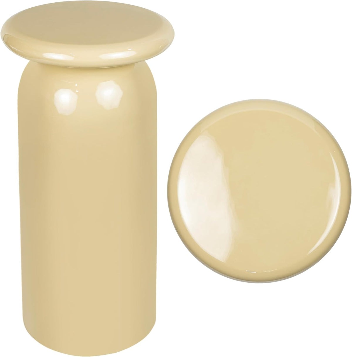 JONATHAN Y Miles Modern 22.75" Glossy Almond Metal Round Drink Table with Cylinder Mushroom Pedestal, Small Accent Side Table for Living Room and Bedroom, Minimalist Martini Cocktail Table END1008C