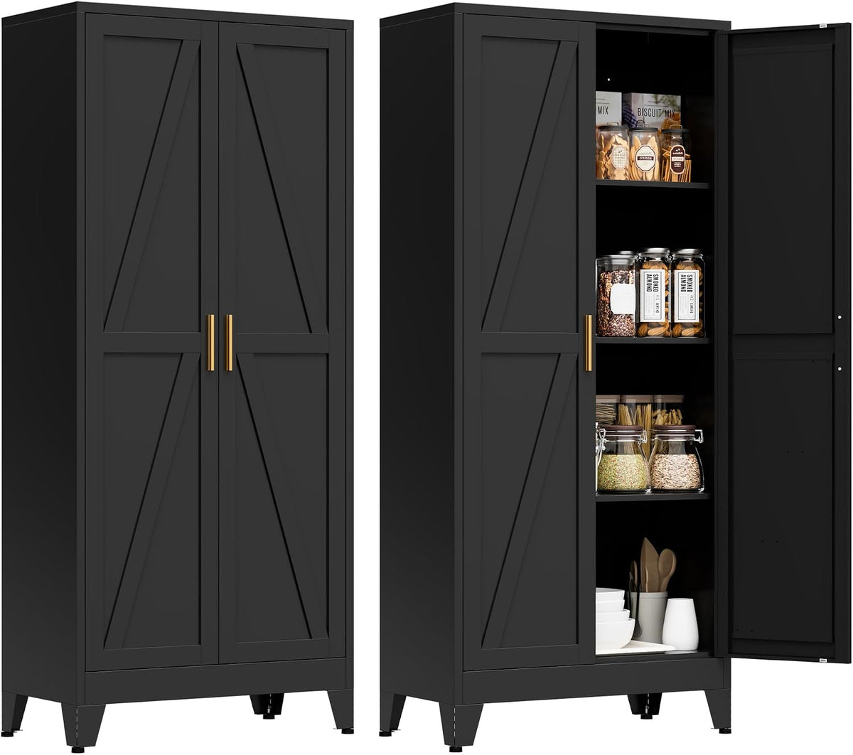 61" Tall Metal Pantry Cabinet, Kitchen Storage Cabinet with 2 Doors and 3 Adjustable Shelves for Kitchen, Living Room, Dining Room, Bathroom and Home, Office