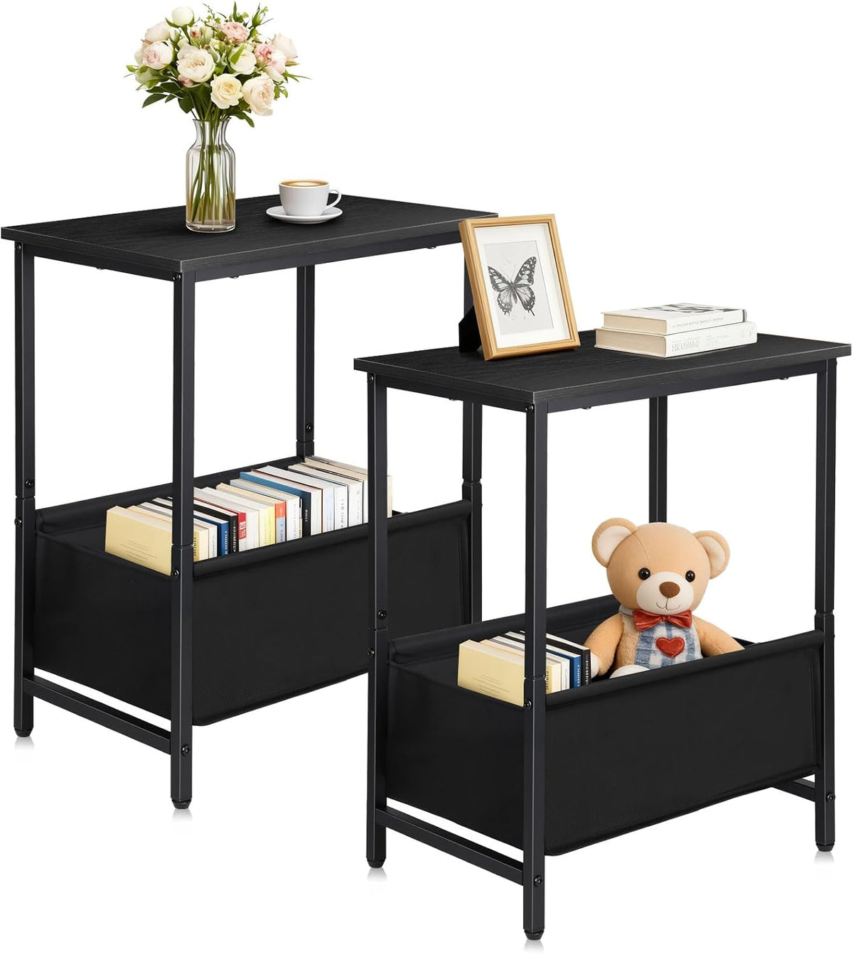 Small End Tables Set of 2, 2 Tier Side Tables with Fabric Storage Basket, Nightstands for Living Room, Bedroom, Office and Small Spaces, Black