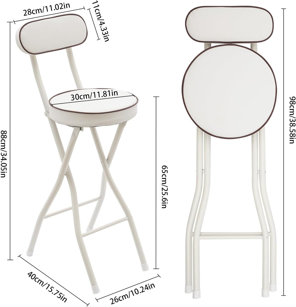 2 Pcs Folding Bar Stools, 26 Inch Portable Tall Chairs with Backrest, Carbon Steel Frame and PU Padded Seat for Kitchen, Cafe, Living Room, Camping (White-5)