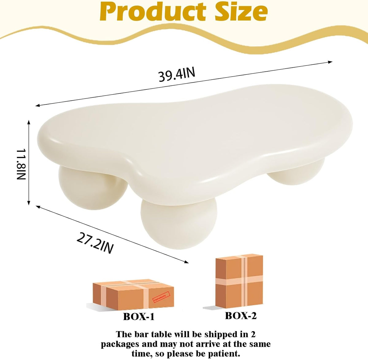 40" Modern White Coffee Table Cloud Shape Low Center Table Cute Irregular Indoor Tea Table with 3 Ball Legs for Living Room Small Space