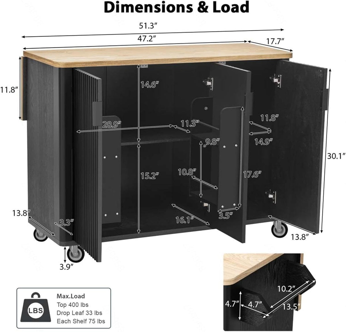 Kitchen Island Cart with Drop Leaf with Storage and Dining Table, Kitchen Island with Wheels Towel Rack， for Kitchen, Dining Room, Black