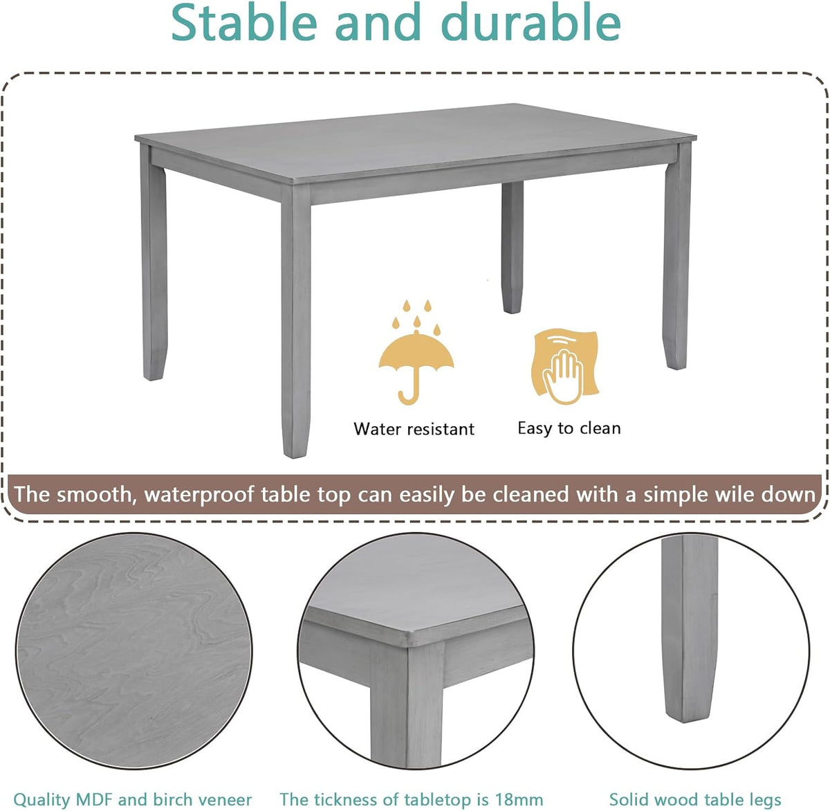 KEIKI 6-Piece Standard Height Dining Table Set with Rectangular Table, 4 Upholstered Slatted Backrset Chair, Bench, for 6 Person, Modern Style Table Set, Easy Assembly, for Kitchen, Dining Room, Gray