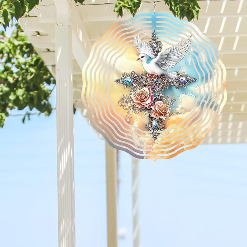 Cross Dove Wind Spinner, Metal Wind Spinners Outdoor/Indoor, Cross Hanging Garden Decor for Outside, Stainless Wind Spinners for Yard and Garden 10 inch 3D (25.76X25 CM)