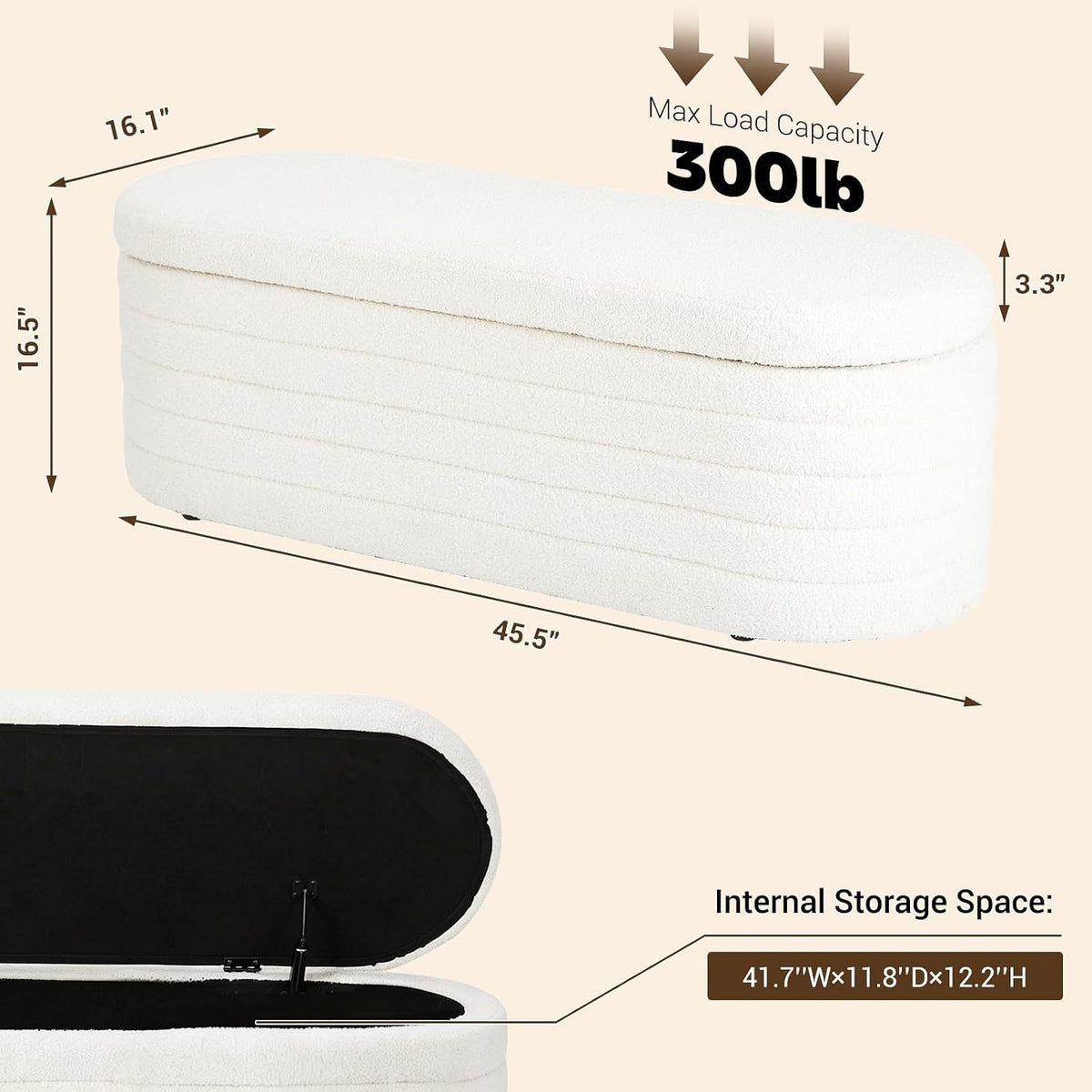 Ottoman with Storage 45.5" Storage Ottoman Bench White | Teddy Upholstered Entryway Bench Hidden Storage, No Assembly, Cozy, for Living Room, Bedroom, Apartment