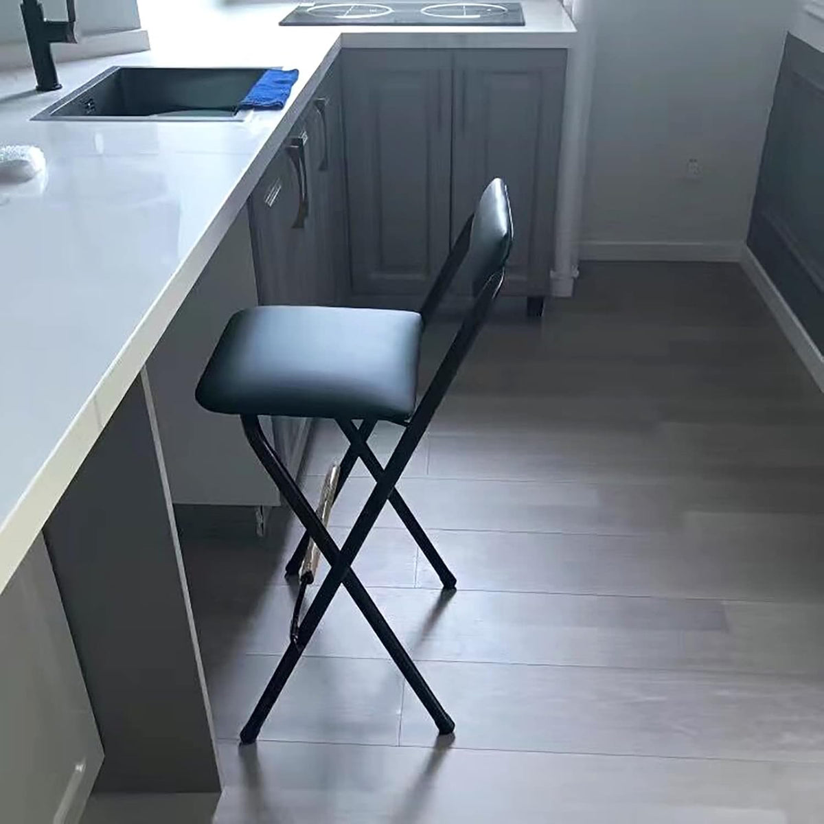 DSHOME Folding Bar Stool with Backrest,Leather Padded Counter Height Foldable Stool,Portable Folding Stool Tall Bar Stools for Outdoor Kitchen Shop Cafe,1 PC,Black,seat Height 25.5inch