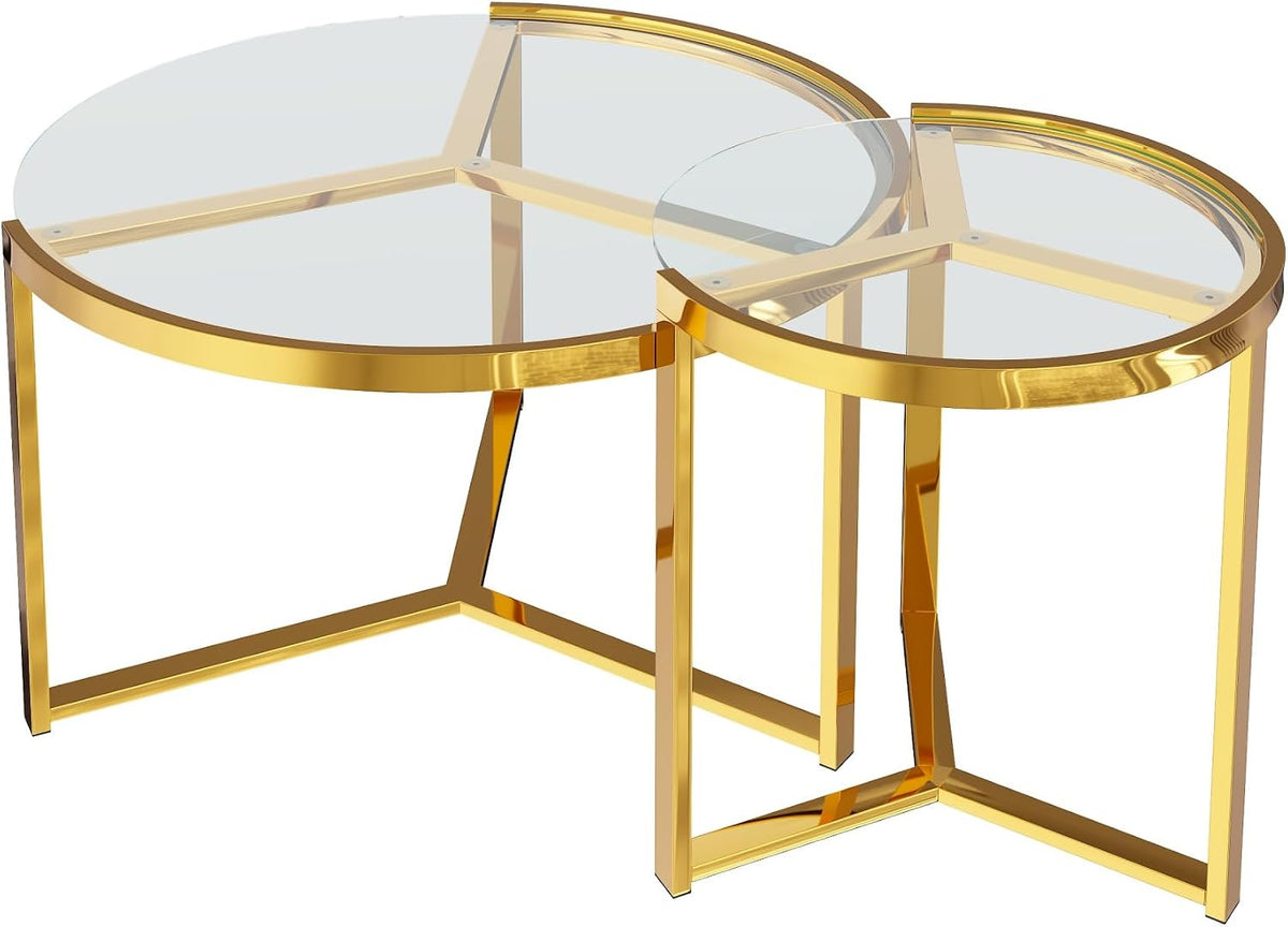 Glass Nesting Coffee Table Set with Metal Frame & Glam Design, Transparent | Modern Round Cocktail Center Table with Tempered Glass, Luxury for Living Room & Home Decor