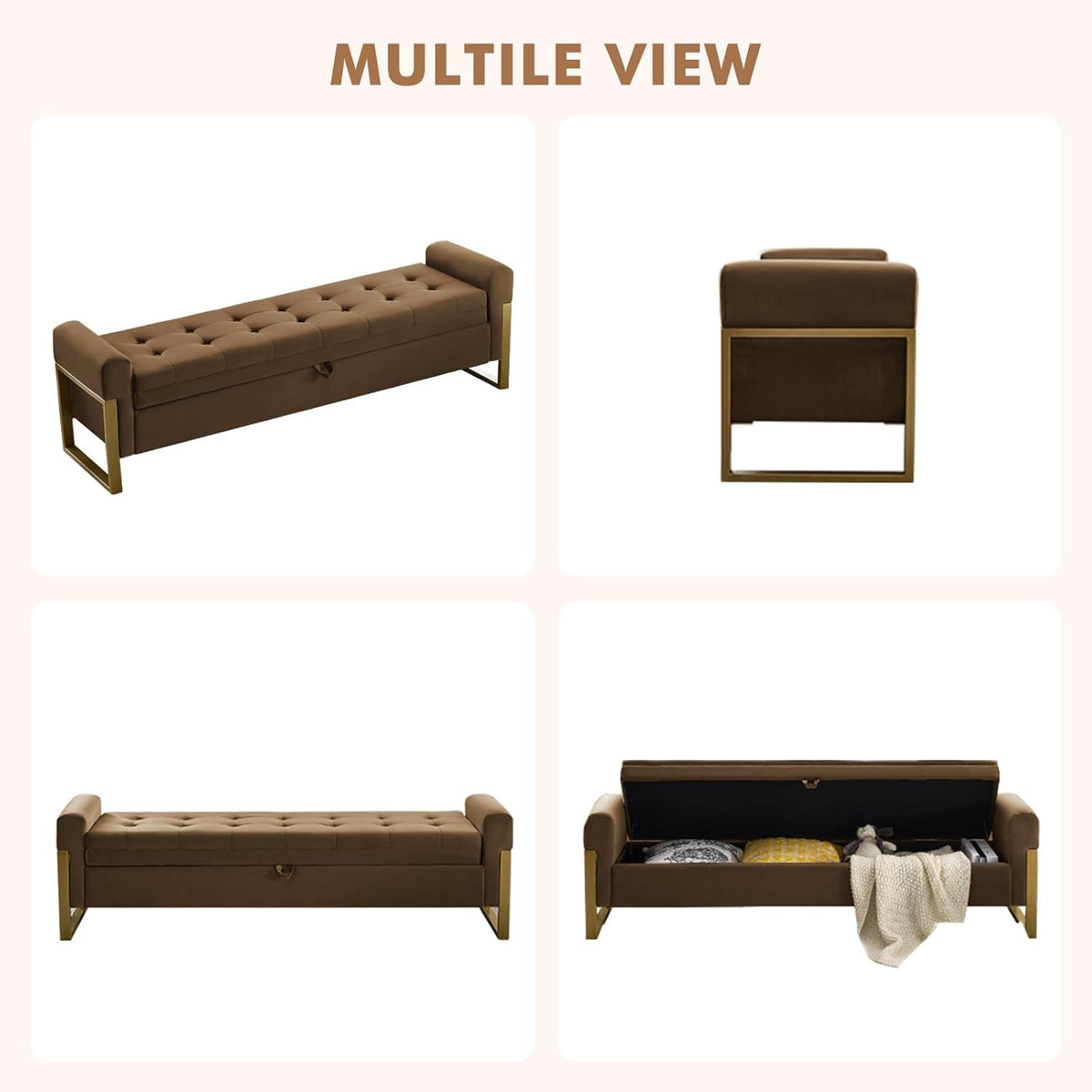 67" Storage Bench for Bedroom, King Size End of Bed Bench, Upholstered Storage Ottoman Bench with Golden Metal Legs, Bedroom Bench for Entryway, Brown