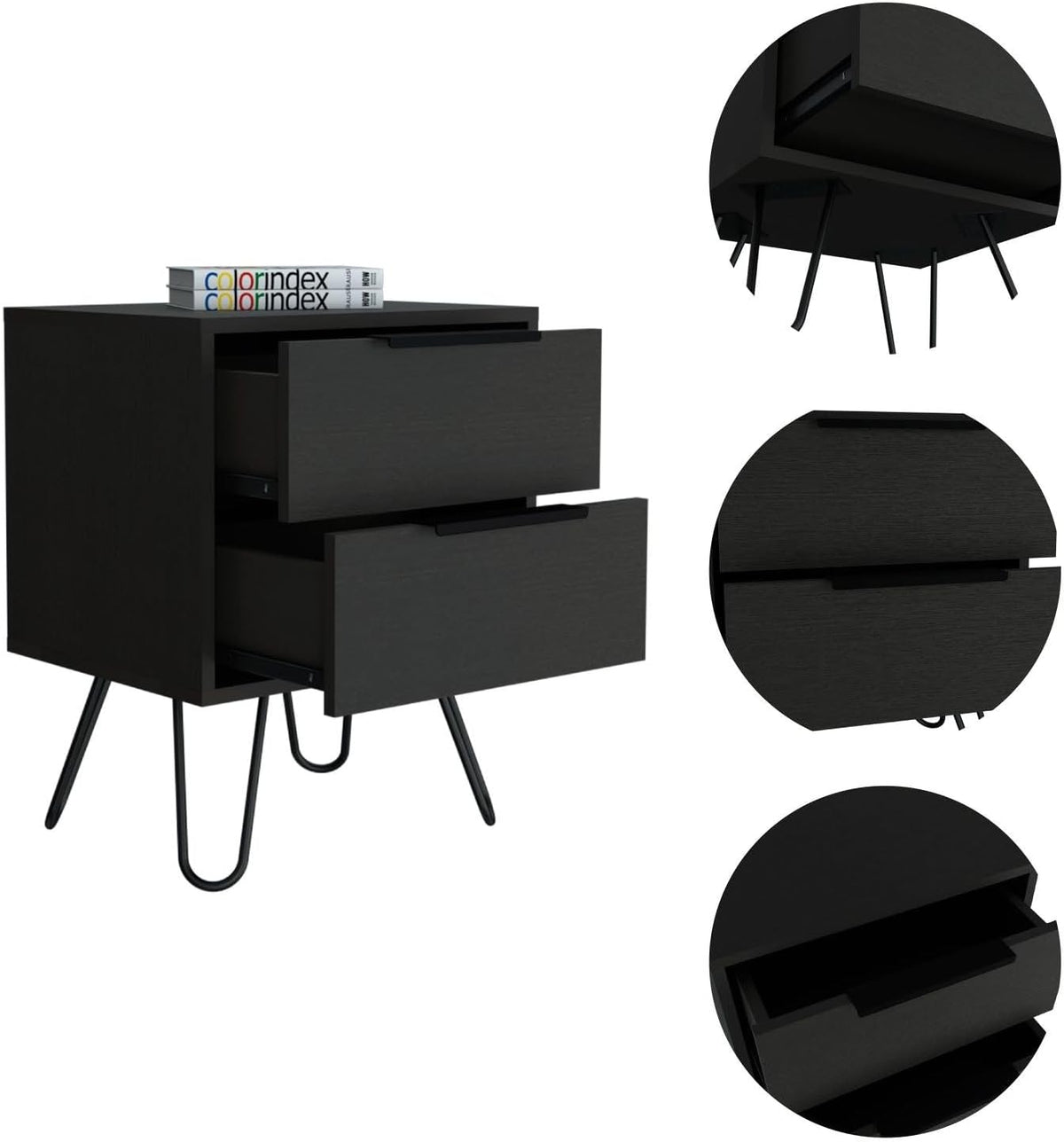 2 Nightstand, End Table, Side Table Four Legs, Two Drawers -Black,for Small Spaces