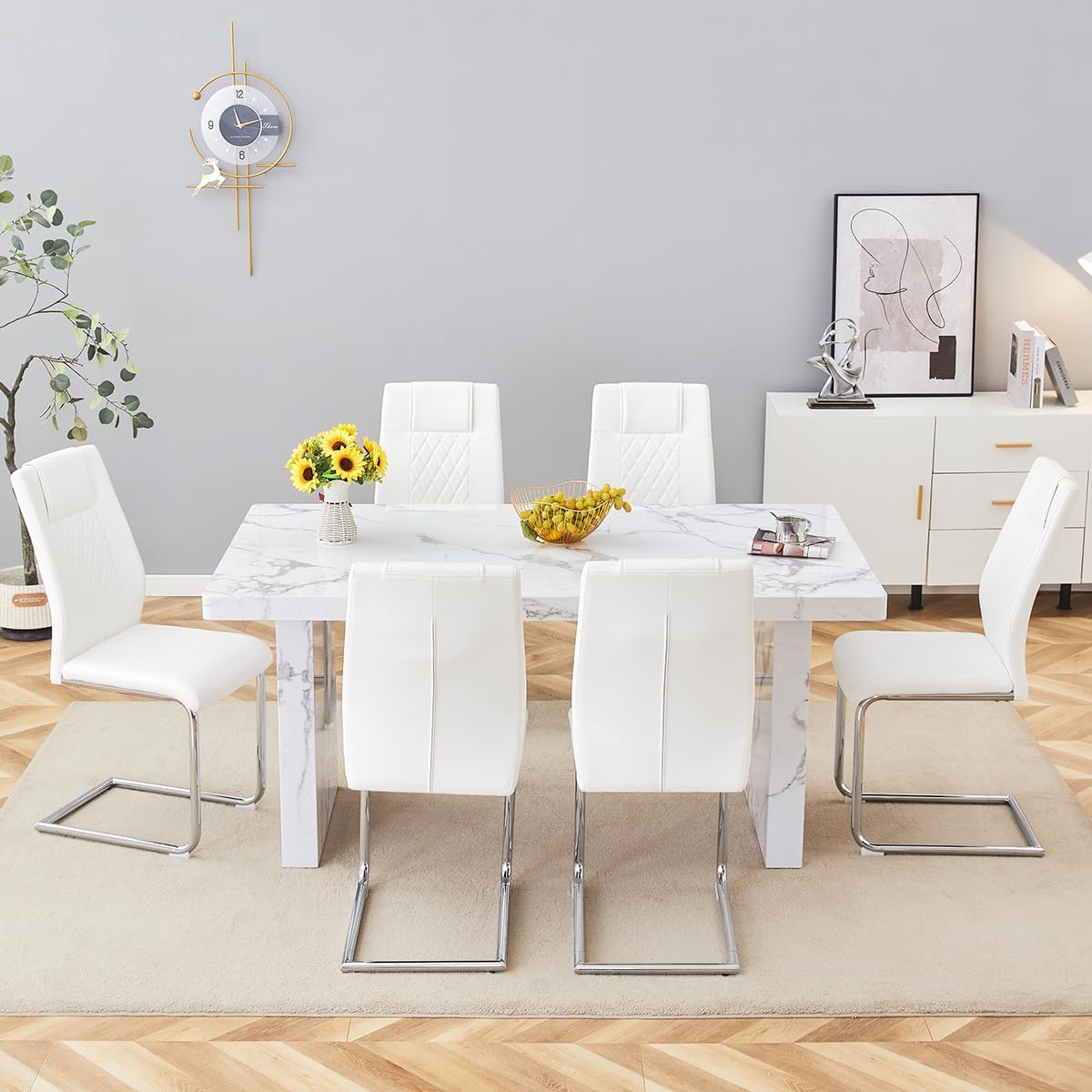 gopop 7 Piece Dining Table Set, Marble Dining Table Set for 6, 63" White Marble Pattern MDF Tabletop and Legs, 6 Leather Kitchen Chairs with Chrome Plated Metal Legs for Kitchen