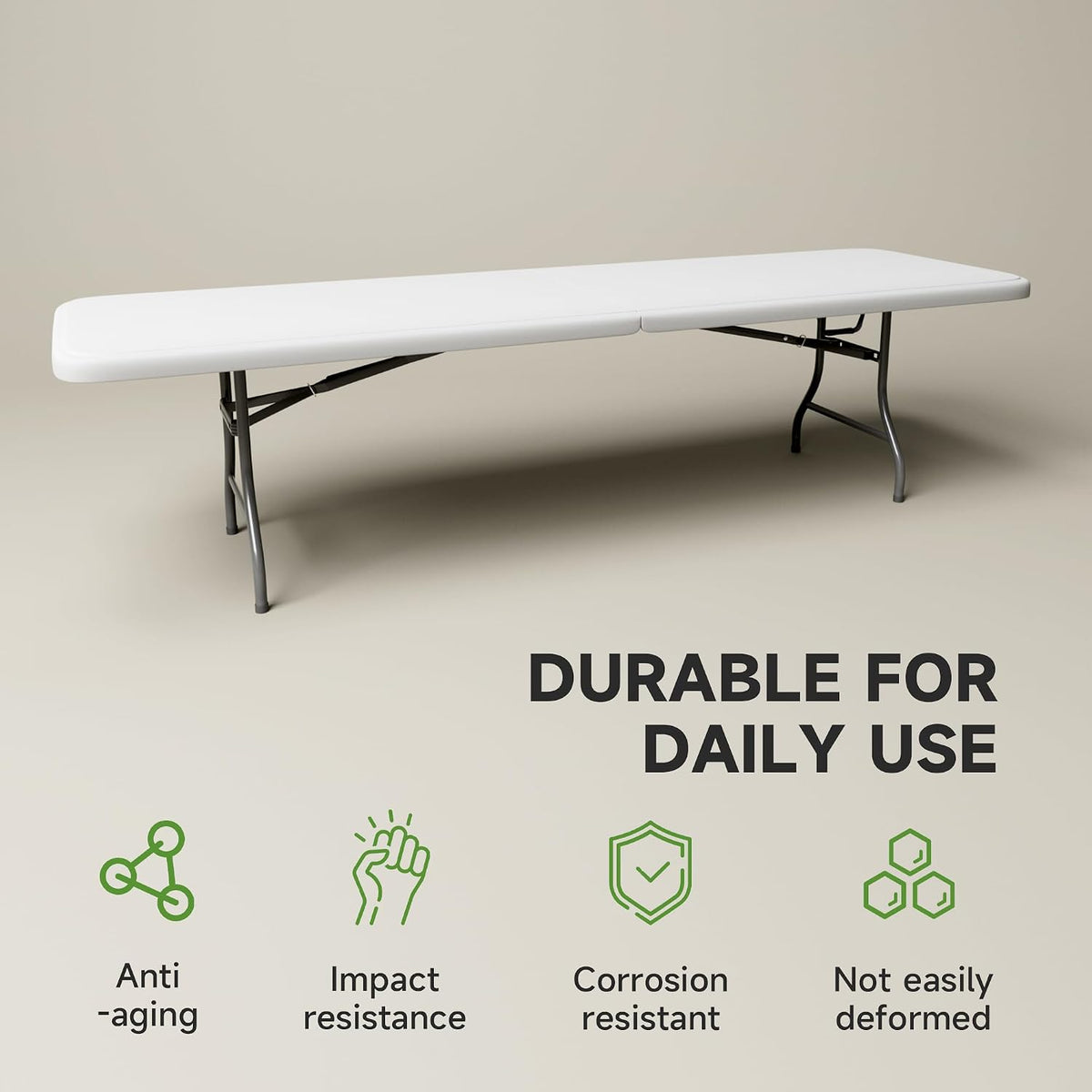 Folding Table 8 Foot - Heavy Duty 660LBS Capacity, Sturdy & Foldable Design with Safety Lock - Portable Tables Folding for Camping, Party, Indoor & Outdoor Use, 1 Pack
