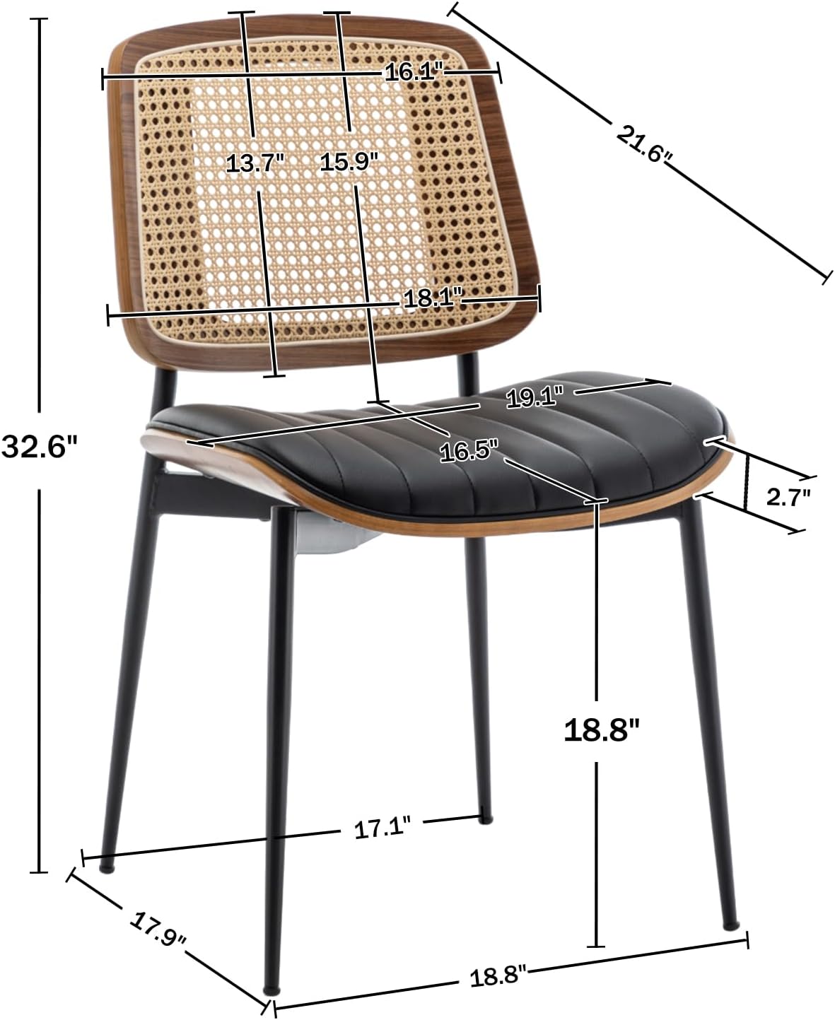 Rattan Dining Room Chairs Set of 4,Mid Century Black PU Leather Kitchen Chairs,Upholstered Seat Metal Legs Chair with Adjustable Foot Pads,Walnut Armless Side Chair