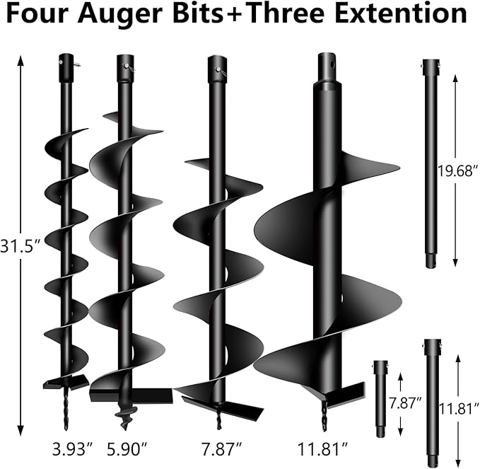 62cc Post Hole Digger 2-Stroke Petrol Gas Powered Earth Digger with 3 Extension Rods（8" 12" & 20"） + 4 Auger Drill Bits (4" 6" 8" & 12") for Farm Garden Plant