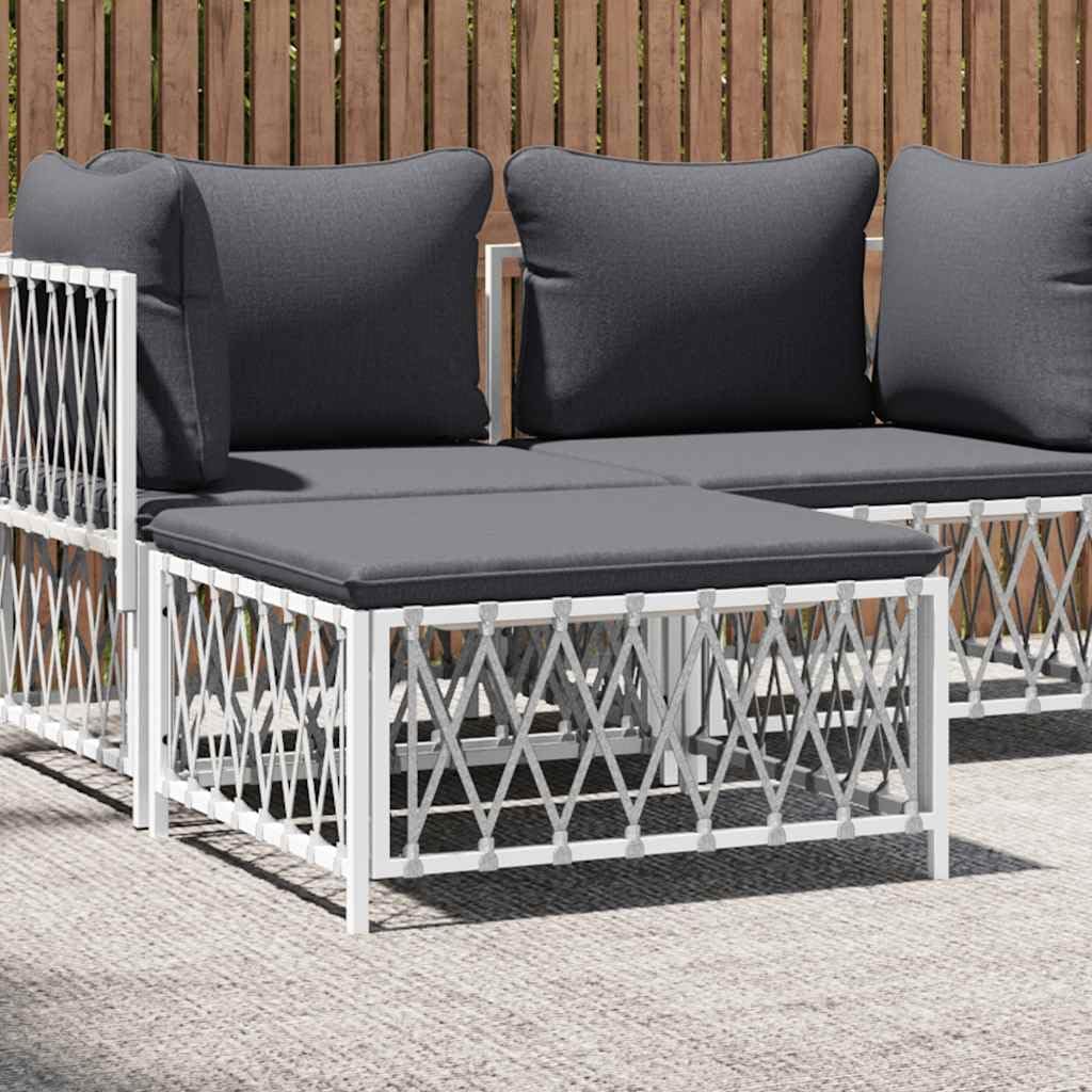 Patio Footstool with Cushion, White Woven Fabric Garden Ottoman, Powder-Coated Steel Frame, Thickly Padded Seat, Modular Design for Outdoor Lounge