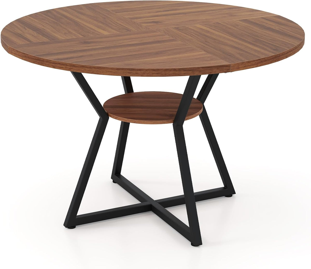 KOTEK 47 Inches Round Dining Table for 4, Farmhouse Kitchen Table with Storage Shelf, X-Shaped Metal Base, Adjustable Foot Pads, Circle Dinner Table for Dining Room, Living Room
