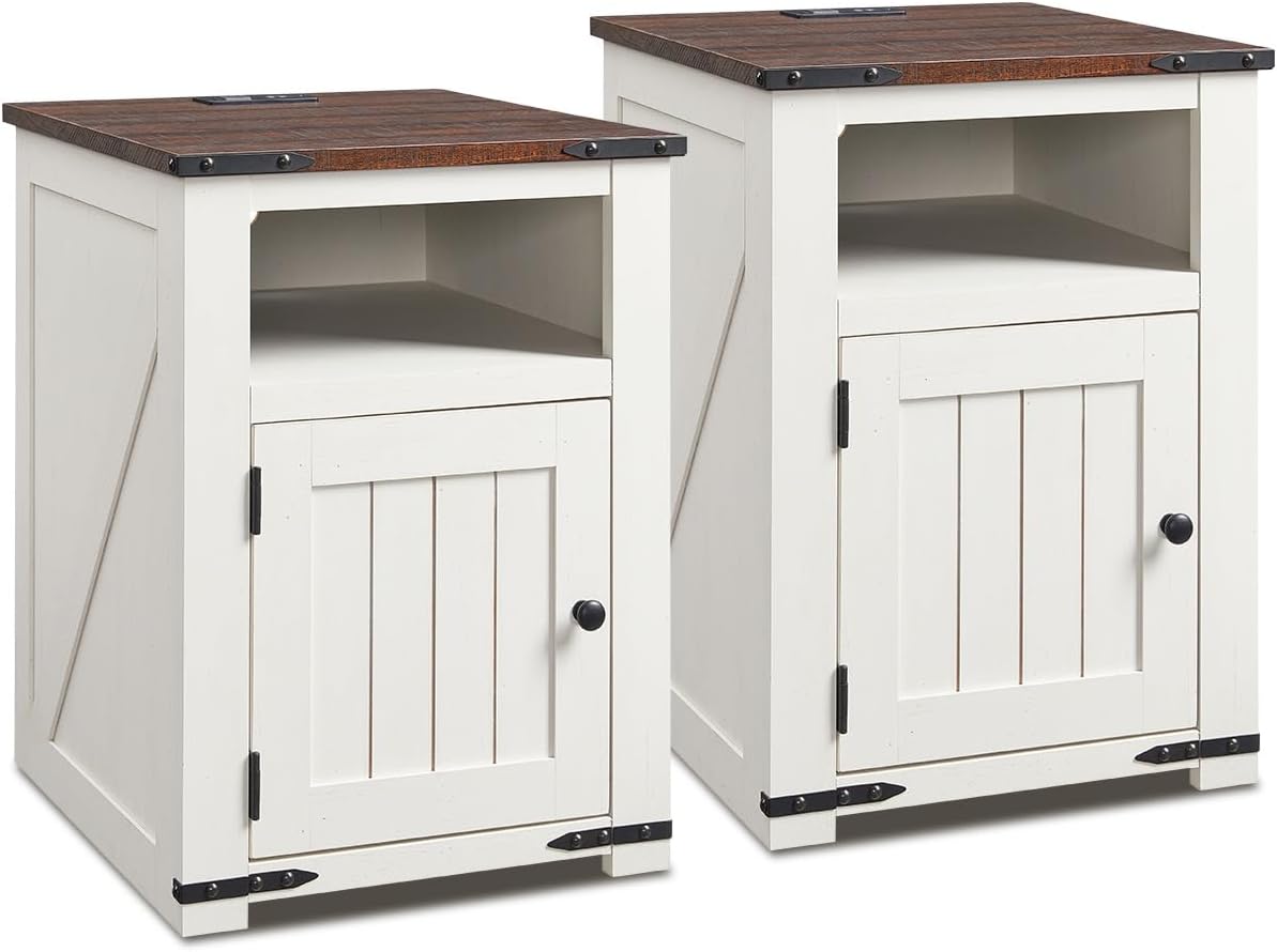 Farmhouse Night Stands Set of 2, 20" End Table w/Charging Station, Rustic Wood Bedside Table w/Groove Barn Door, Side Table with Storage w/Open & Adjustable Shelf for Bedroom, Living Room (White)