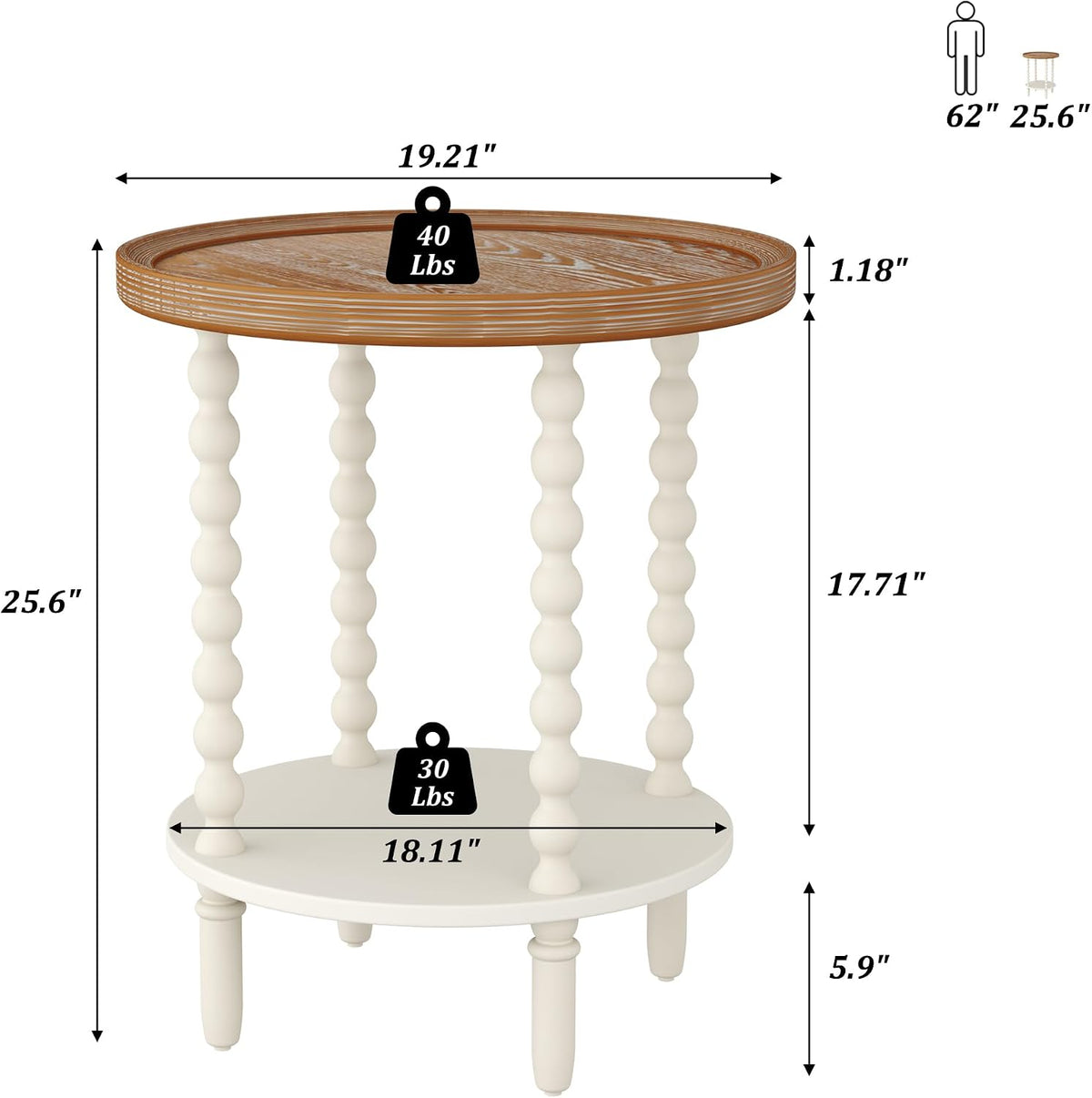 Function Home Round End Table, Farmhouse Side Table with Storage Shelf, 2 Tier Wooden Nightstand, 19.2” Accent Table for Living Room Bedroom Small Space, Natural Tray Top and Vintage White Spindle Leg
