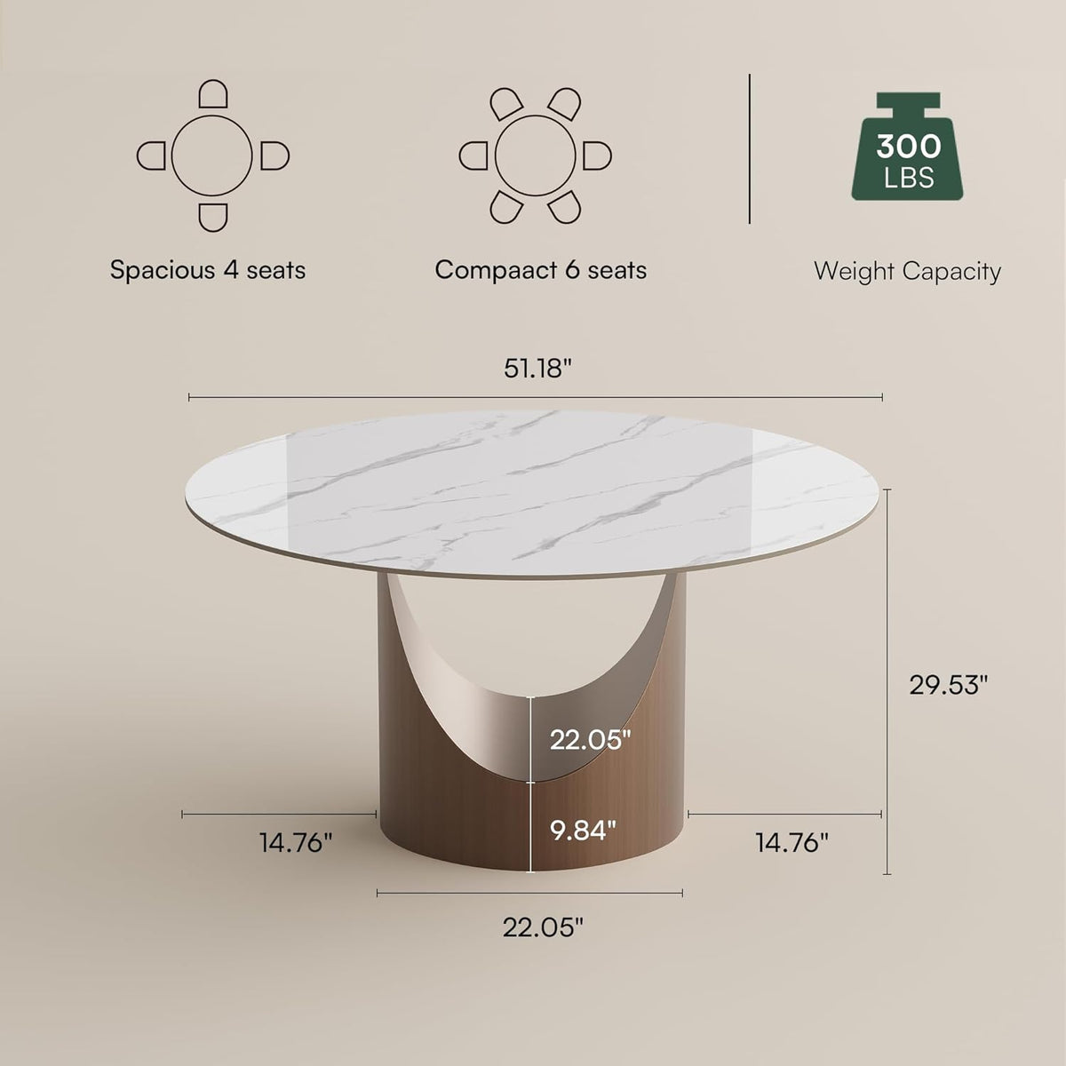 POVISON Round Dining Table for 4, 51" Glossy White Sintered Stone Top Dining Table with Bronze Carbon Steel Pedestal, Modern Dining Room Table for Kitchen, Living Room (Table Only)
