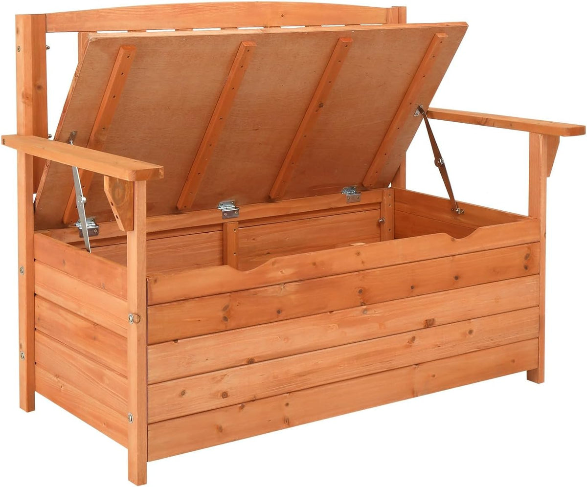 Outdoor Cedar Wood Storage Bench with Backrest and Armrests | 44.09 x 22.83 x 33.07 Inch, 440 lbs Capacity