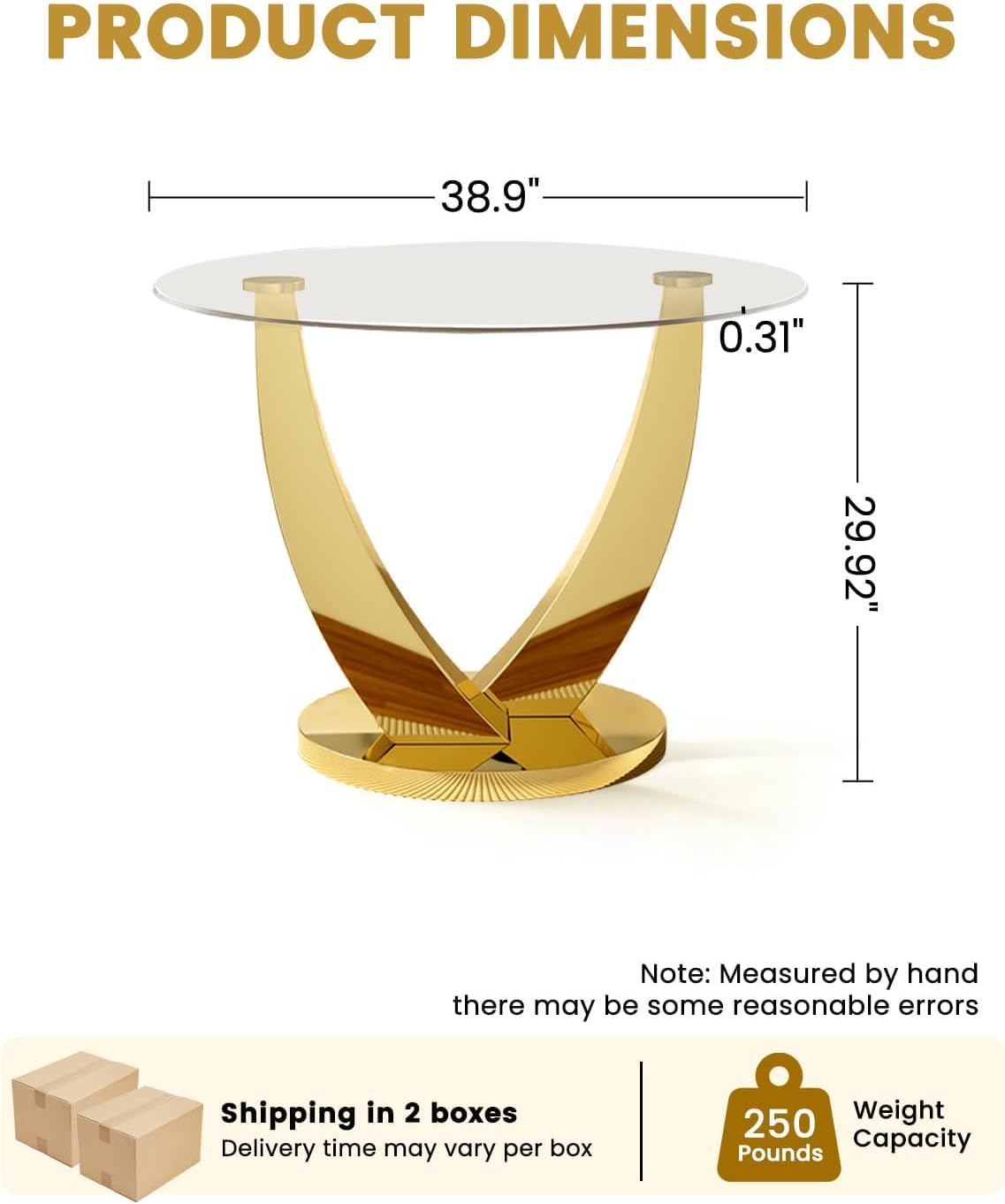 38.9" Round Glass Dining Table for 2-4, Modern Dining Room Table with Tempered Glass Tabletop & Stainless Steel Base, Round Glass Kitchen Table for Home, Small Space(Gold)