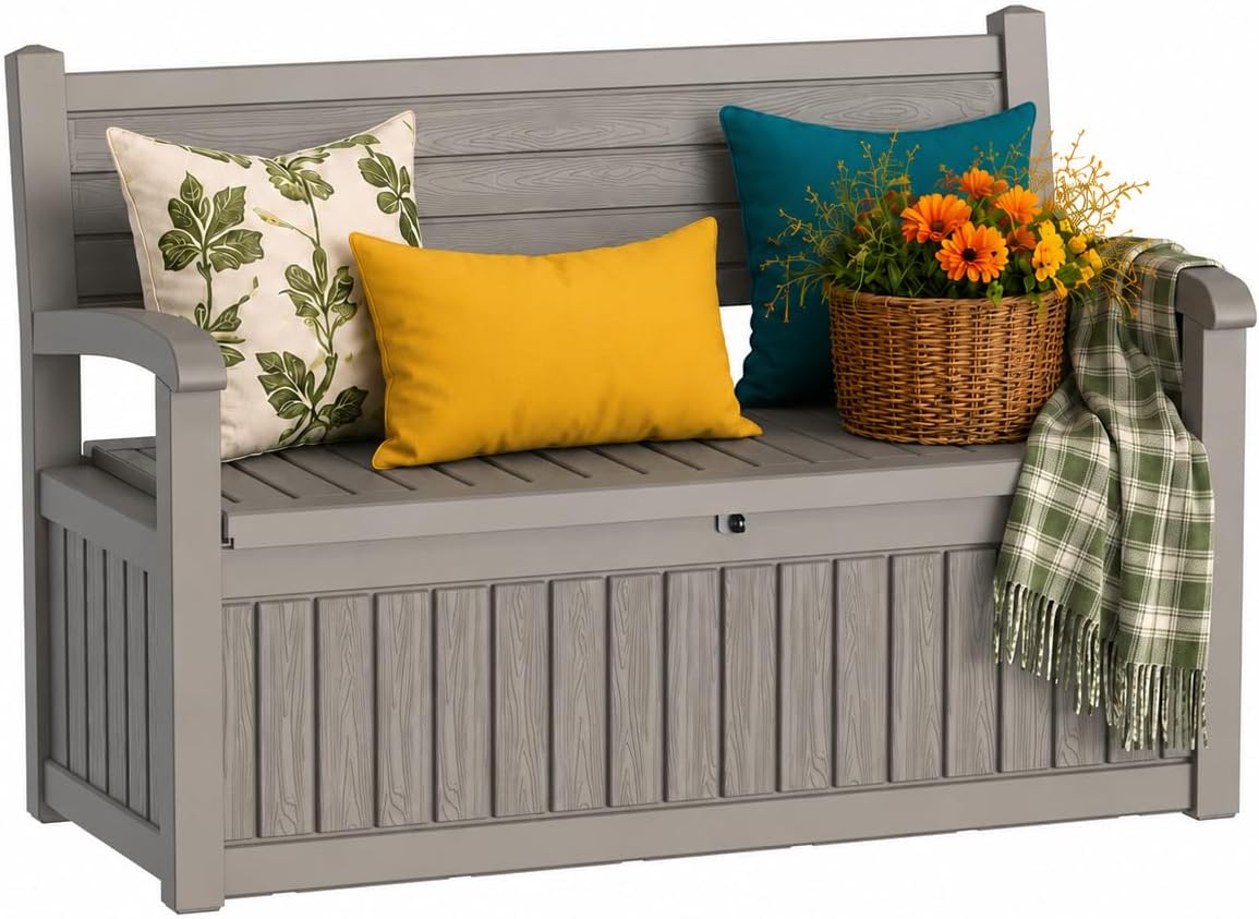 Outdoor Bench with Storage, Waterproof Garden Storage Bench, 100 Gallon Lockable Resin Deck Box, Weatherproof Bench Seating for Patio Yard Cushions Tools, Grey