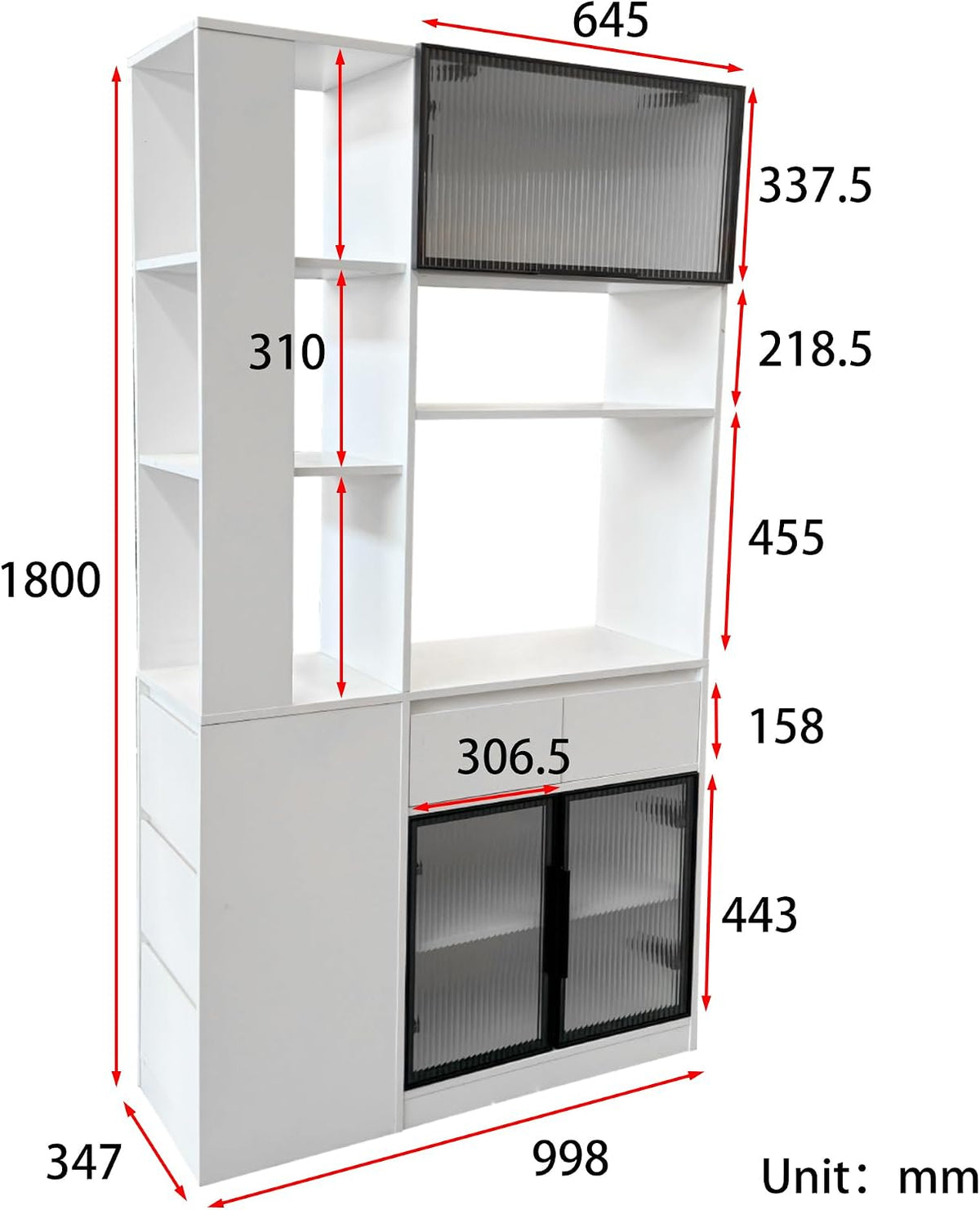 Modern 70.87" Tall Storage Cabinet with 5 Drawers, Glass Doors and Display Shelves, Freestanding Kitchen Pantry Cabinet with Microwave Space for Living Room, Dining Room, Hallway, White